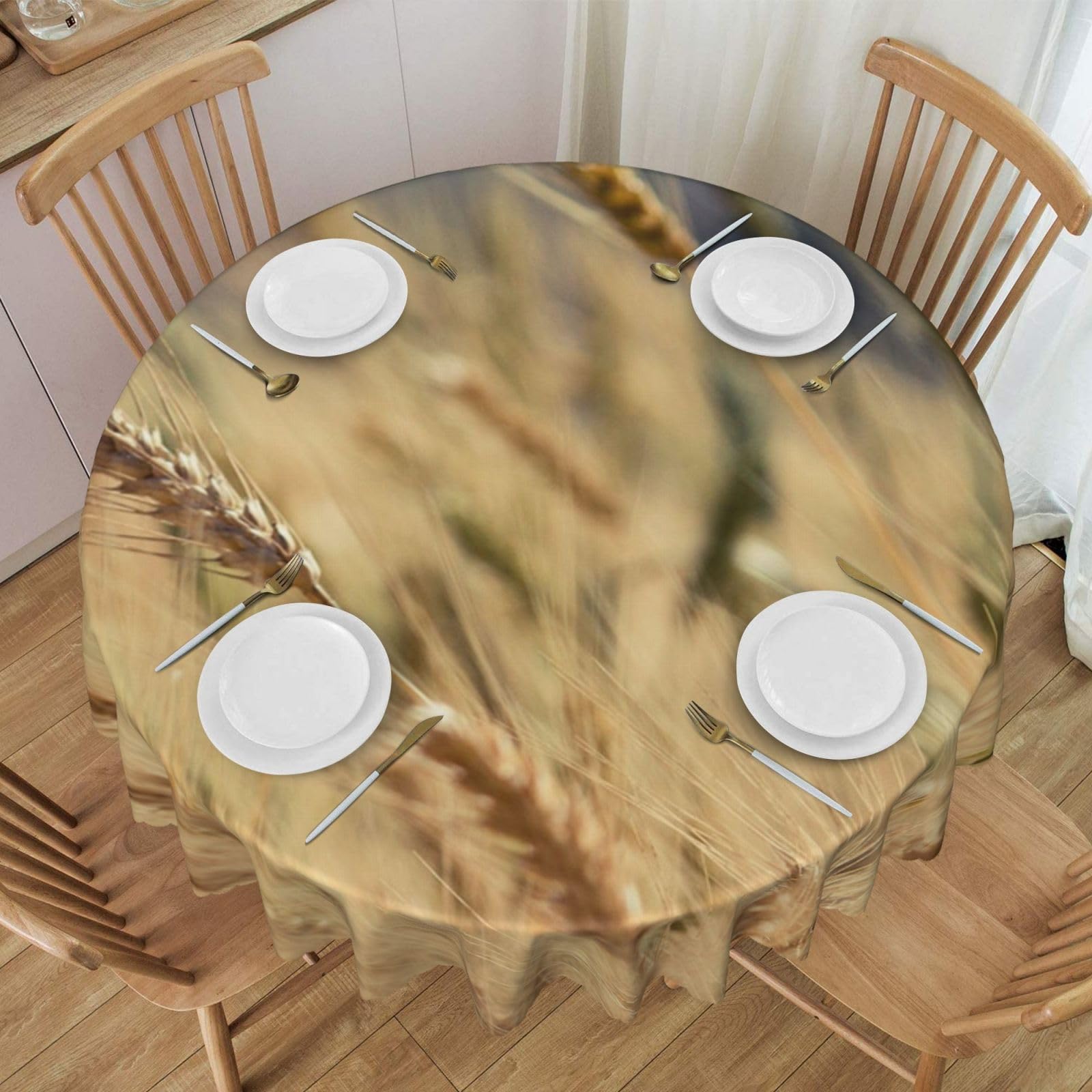 DCEHGEW 60 In Round Tablecloth with Lace, Wheat Printed Oilproof & Washable Fabric Picnic Table Cloth Table Covers