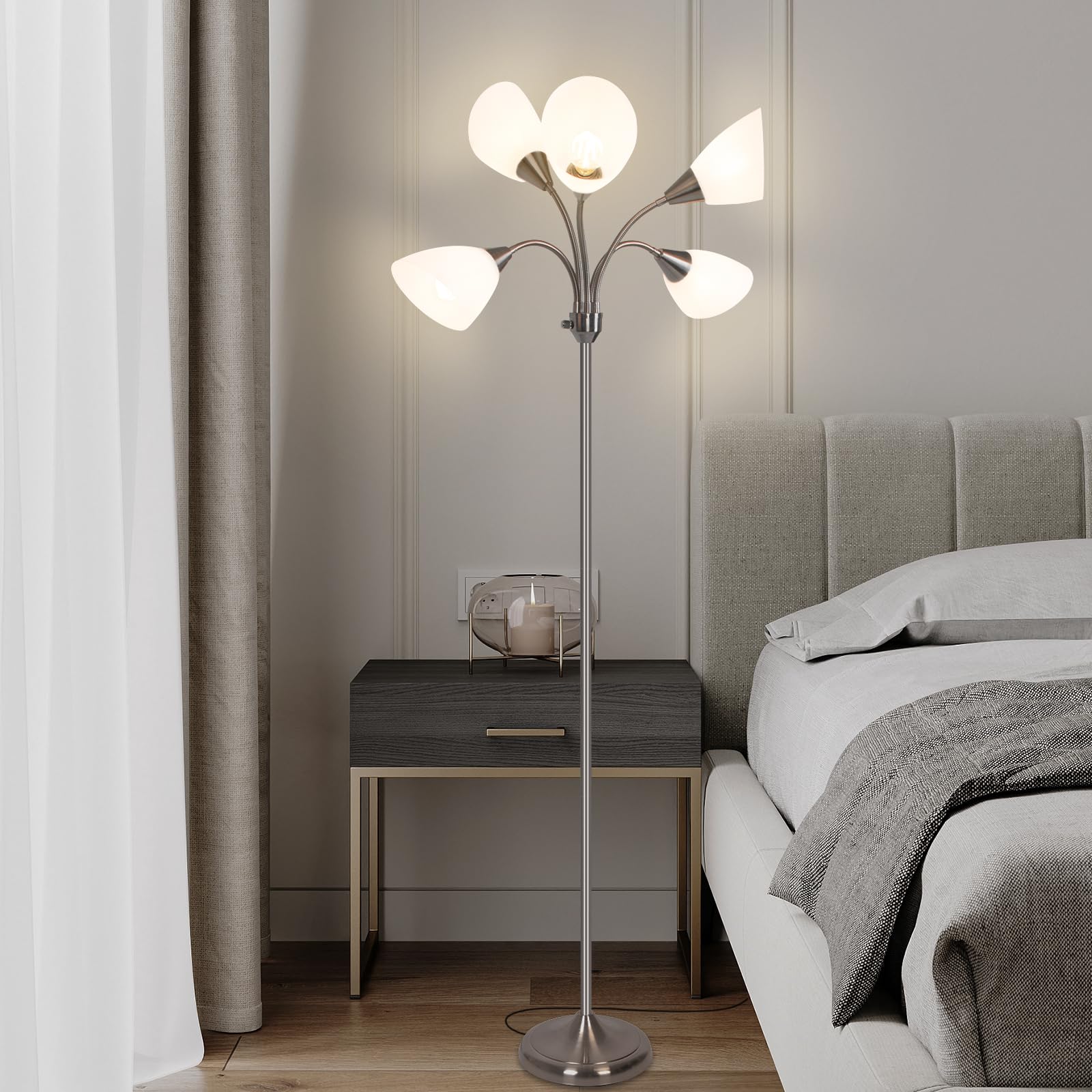 HonoDing Medusa Lampy podłogowe Lampy stojące 5 głowic Regulowane światło do czytania Duży klosz Żarówka E26 A19 Lampy podłogowe do salonu Sypialnia (satyna niklowa)