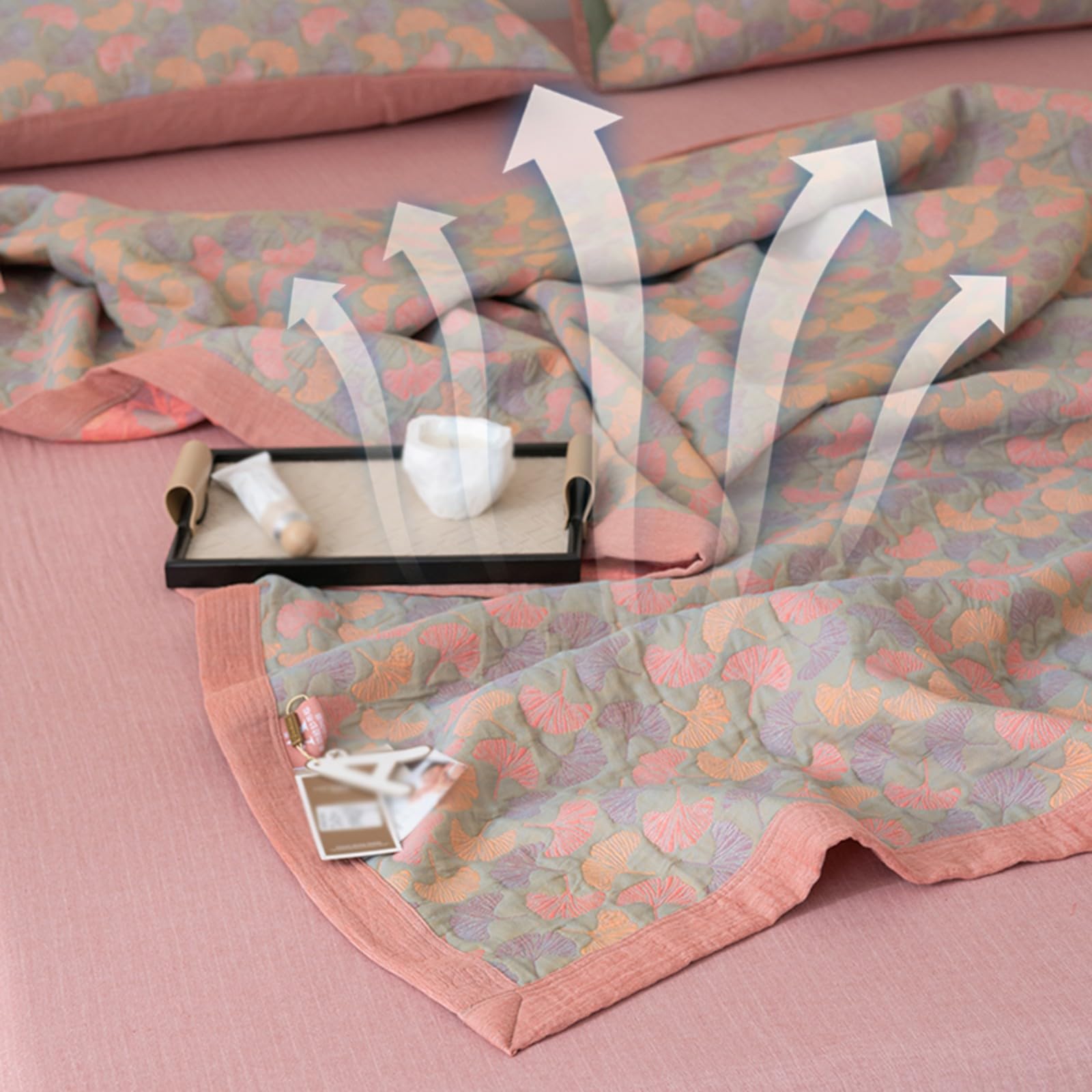 EdredóN Reversible de Hojas de Ginkgo, Colcha de Muselina de AlgodóN con Hojas de Ginkgo Suave Y Transpirable Juego de Ropa de Cama de 3 Piezas Manta Lavable A MáQuina(E,150 * 240cm/59 * 94")