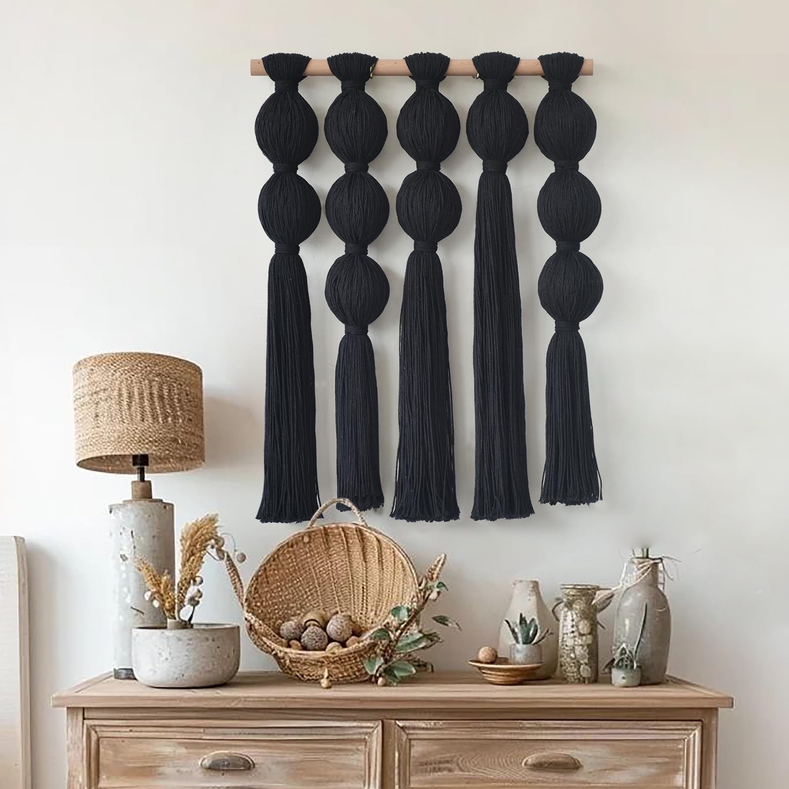 Jakalin Makramee-Wandbehang, schwarze Boho-Wandkunst mit Quasten, moderne Faserwandkunst für Wohnzimmer, Schlafzimmer, Büro
