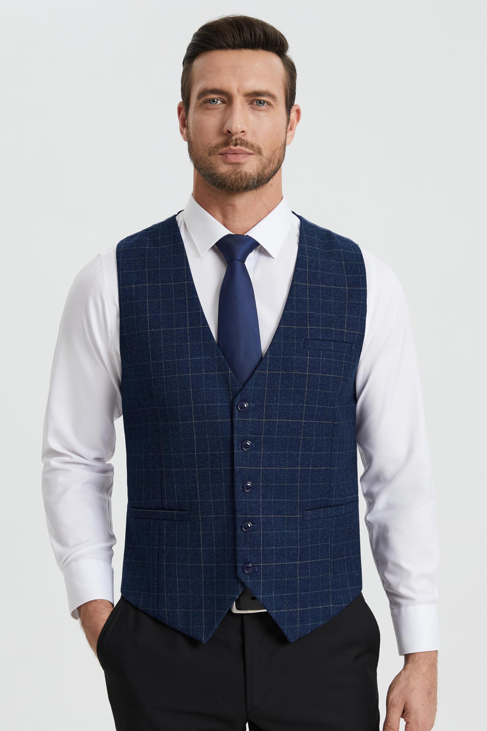 HISDERN Chaleco Formal de Fiesta de Boda para Hombre Chaleco de Algodon Vestido a Cuadros