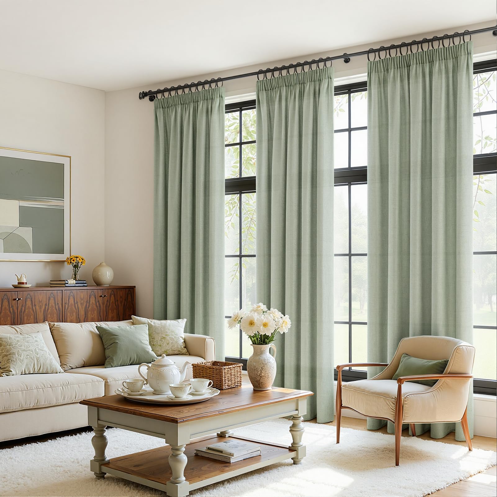 CUTEWIND Tende con nastro arricciato, 220 x 140 cm (altezza x larghezza), effetto lino, per soggiorno, camera da letto, cucina e cameretta dei bambini, colore verde salvia