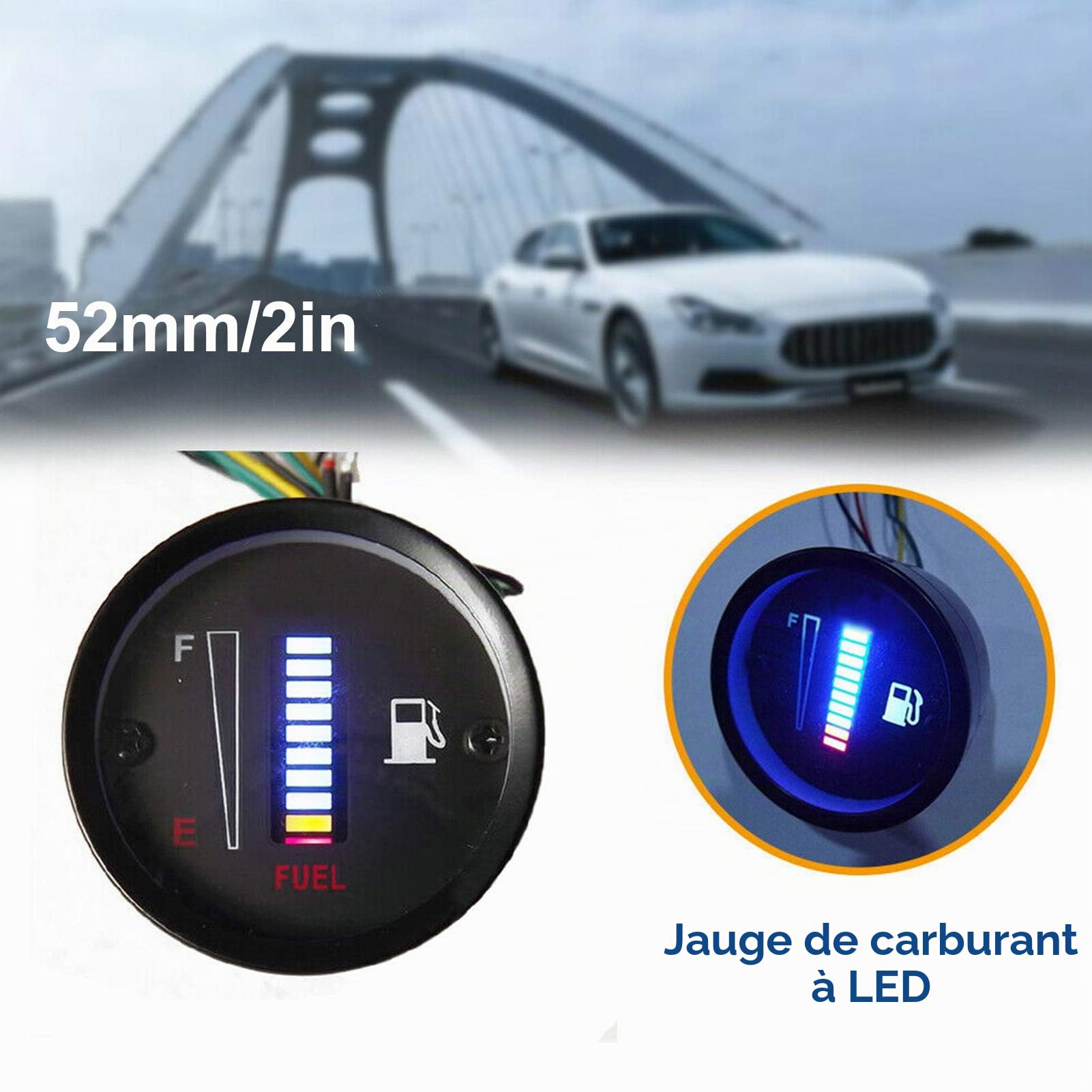 Jauge de Carburant 5,1 Cm, Affichage de Carburant, Indicateur de Carburant, Indicateur de Jauge de Carburant LED 52 Mm de Diamètre 12 V Résistance Réglable pour Moto Automobile