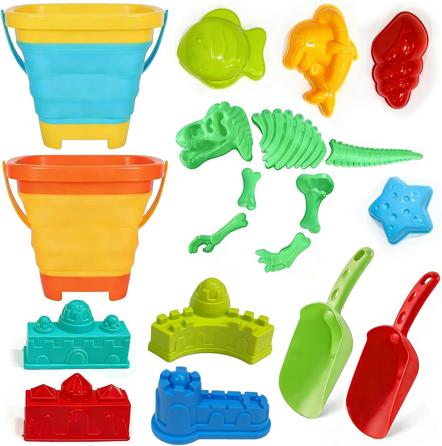 Foldable Beach Bucket and Shovel Set for Kids, 20PCS Sand Toys with Sand Molds (Castle, Dinosaur, Sea Animal) & Mesh Bag, Toddler Collapsible Outdoor Sand Toys for Beach, Sandbox, Pool, Summer Gift