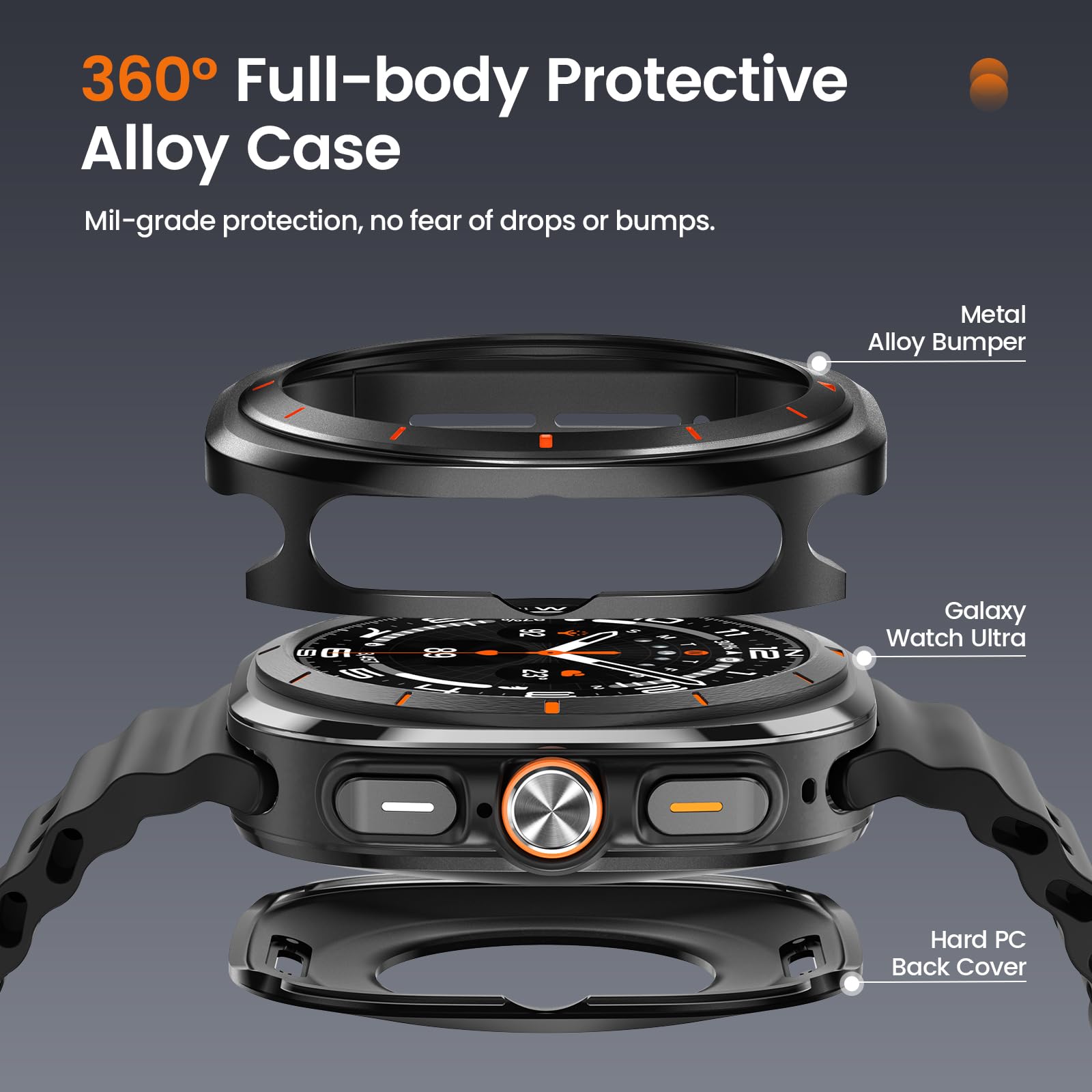 LETOID Coque 3 en 1 en métal pour Samsung Galaxy Watch Ultra/Ultra 2 47 mm, protection d'écran en acier inoxydable, coque arrière rigide en polycarbonate et film en verre trempé 9H pour 7 Ultra & 8
