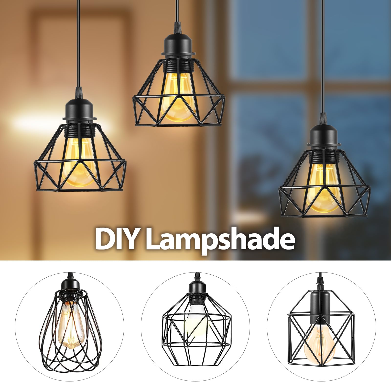 Tsling E27 Portalampada Sospensione Nero in Metallo,Set di E27 Lampade a Sospensione con Anello a Vite e Cavo Regolabile 100CM,per Camera da Letto Soggiorno Pranzo Caffè,Bar