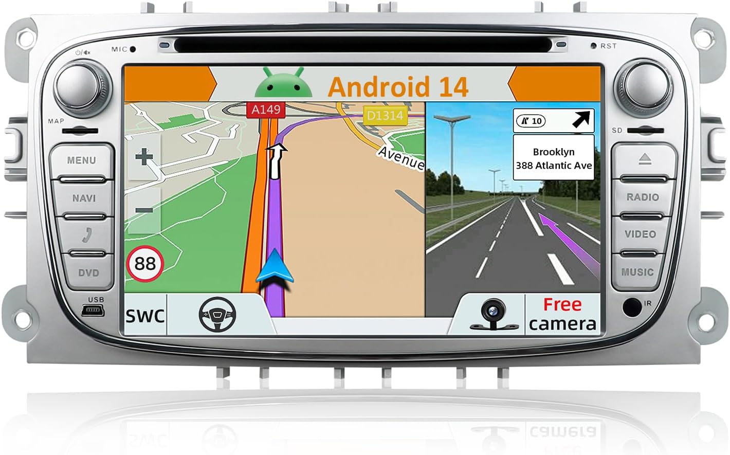 YUNTX Android 14 Double Din Car Stereo Fit for Ford Focus/Mondeo/S-Max/Connect (2008-2011) Head Unit with FREE Rear Camera&Canbus 2GB/32GB Bluetooth Support GPS/DAB+/WIFI/AUX/USB/CarPlay
