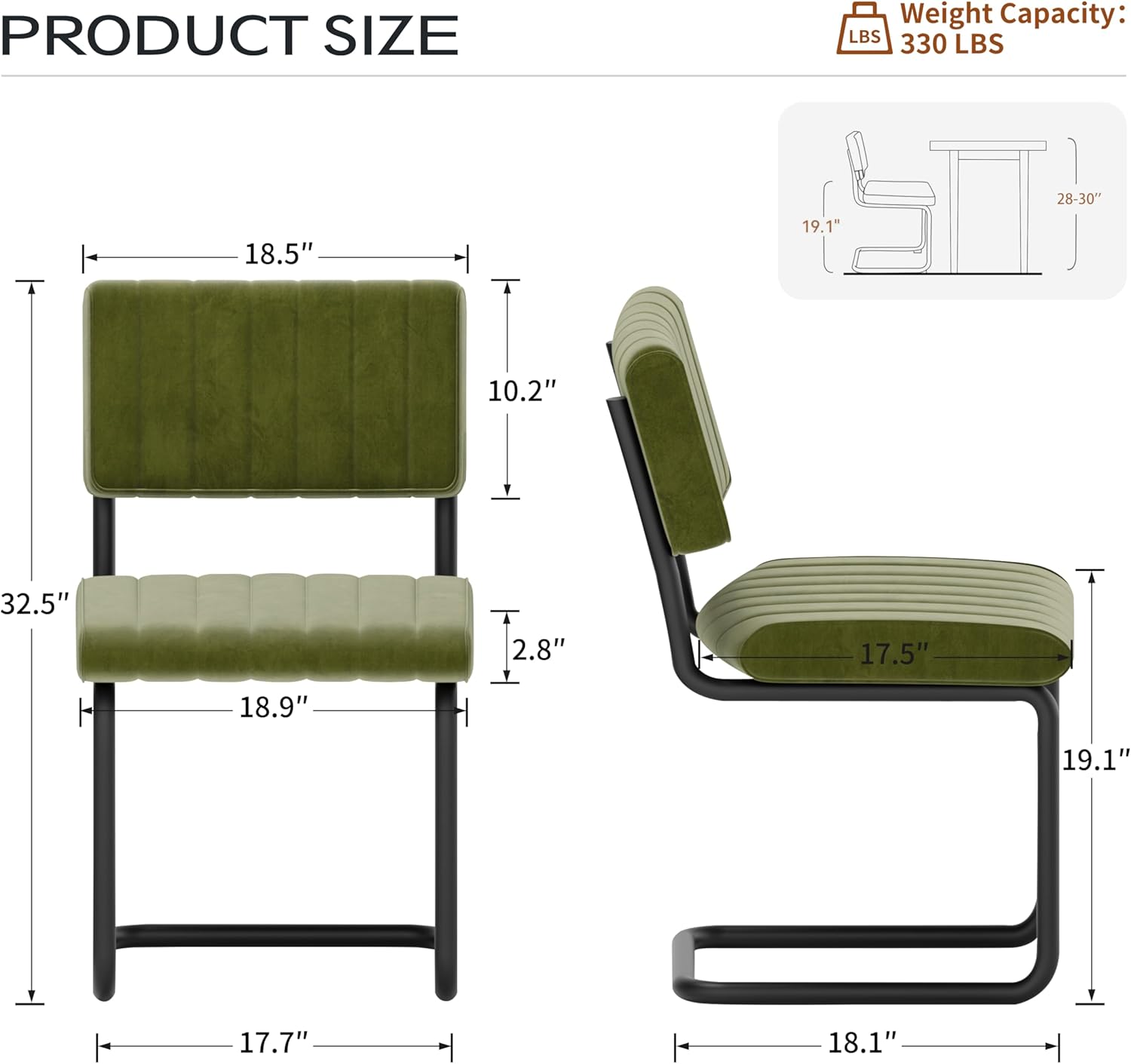 Mid Century Velvet Dining Chairs, Green Dining Chairs Set of 4, Modern Armless Side Chair, Cantilevered Back, Comfy Seat, Metal Legs, Industrial for Kitchen, Restaurant, Living Room, Olive