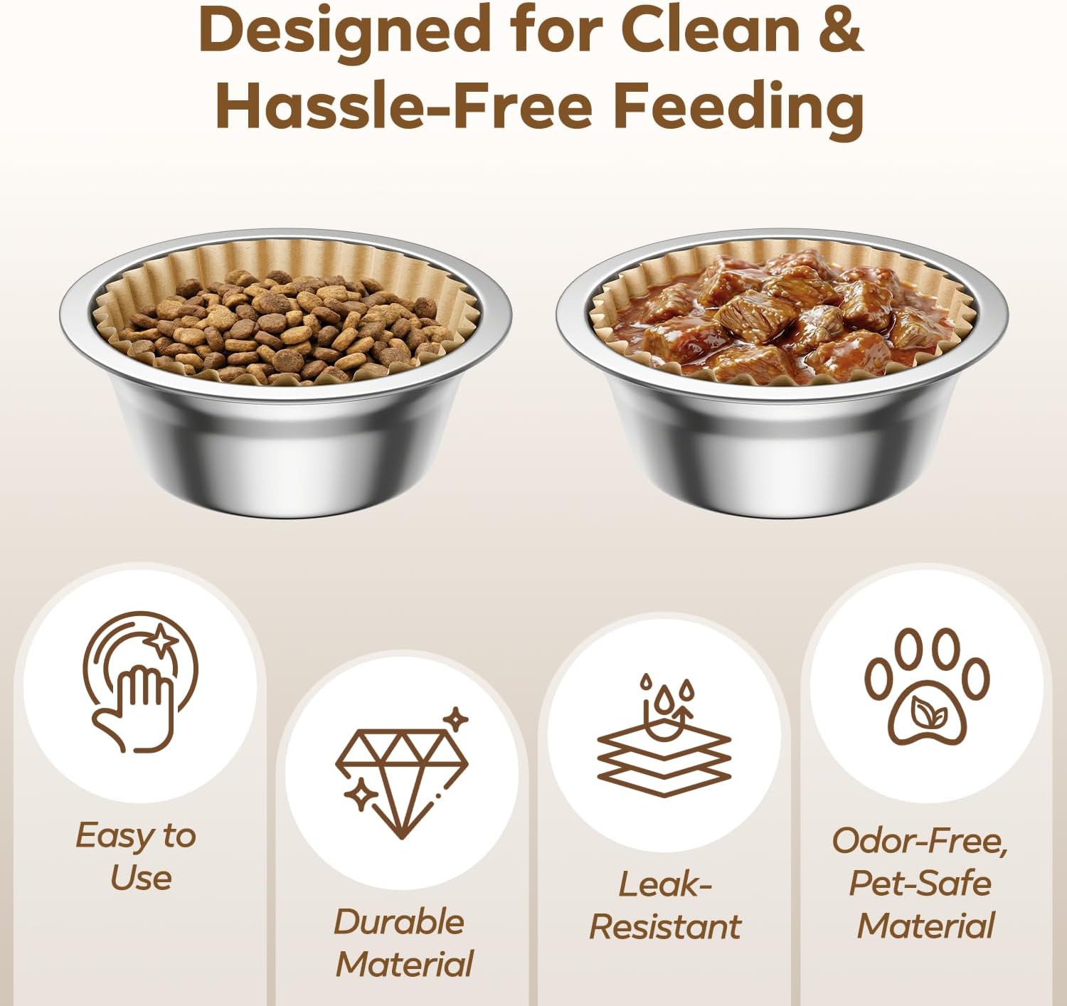 Pet Disposable Bowl Liners, Small Paper Dish Pads for Cats & Small Dogs, Round Feeding Station Inserts, Compatible with Dry or Wet Food, Leak-Resistant Meal Mats, 600 Count, Brown