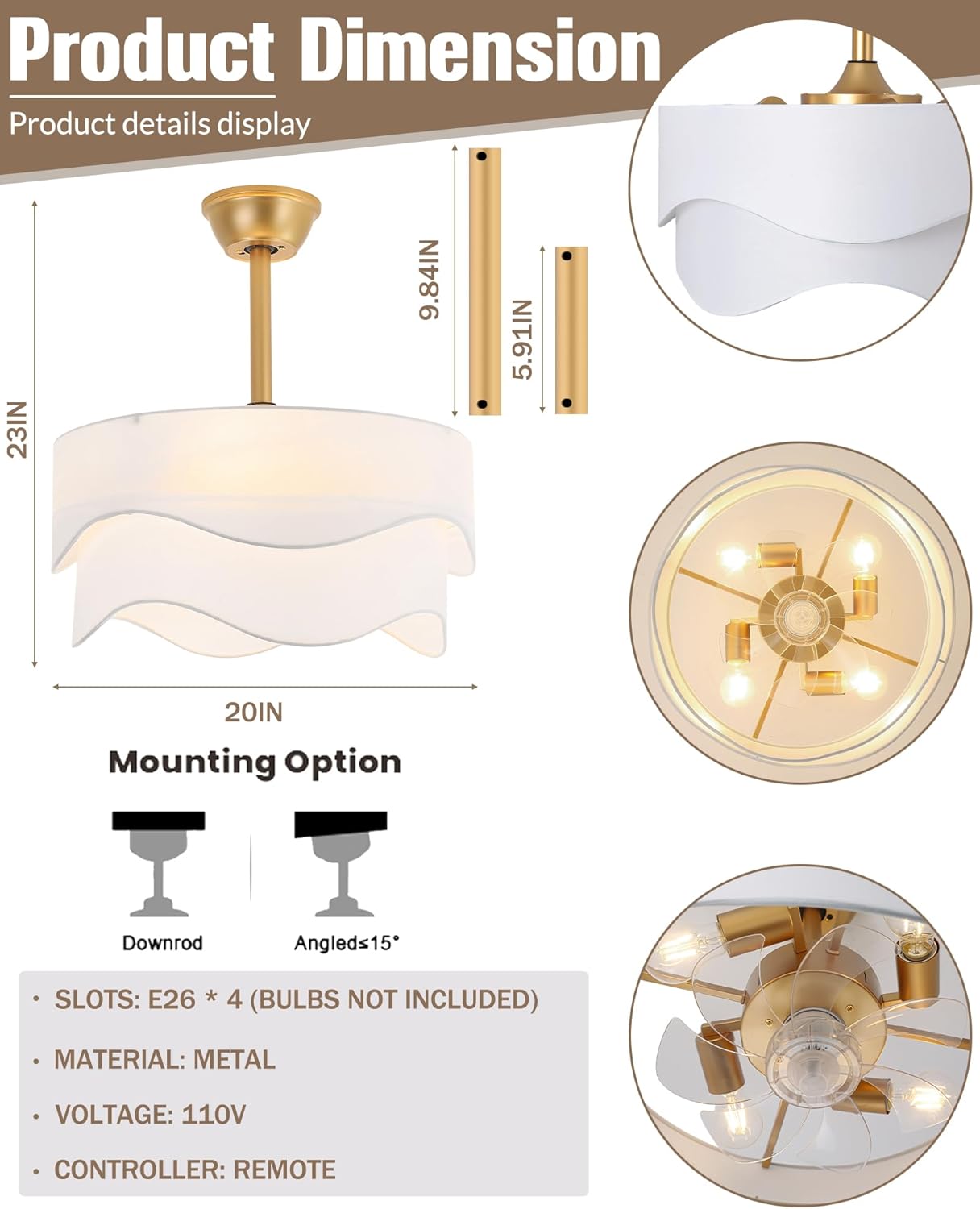 20" Boho Fandelier Ceiling Fan, Caged Ceiling Fan with Light, Gold Bladeless Chandelier Fan with Scalloped Drum Shade, Reversible DC Motor for Bedroom, Living Room, Nursery, Kitchen