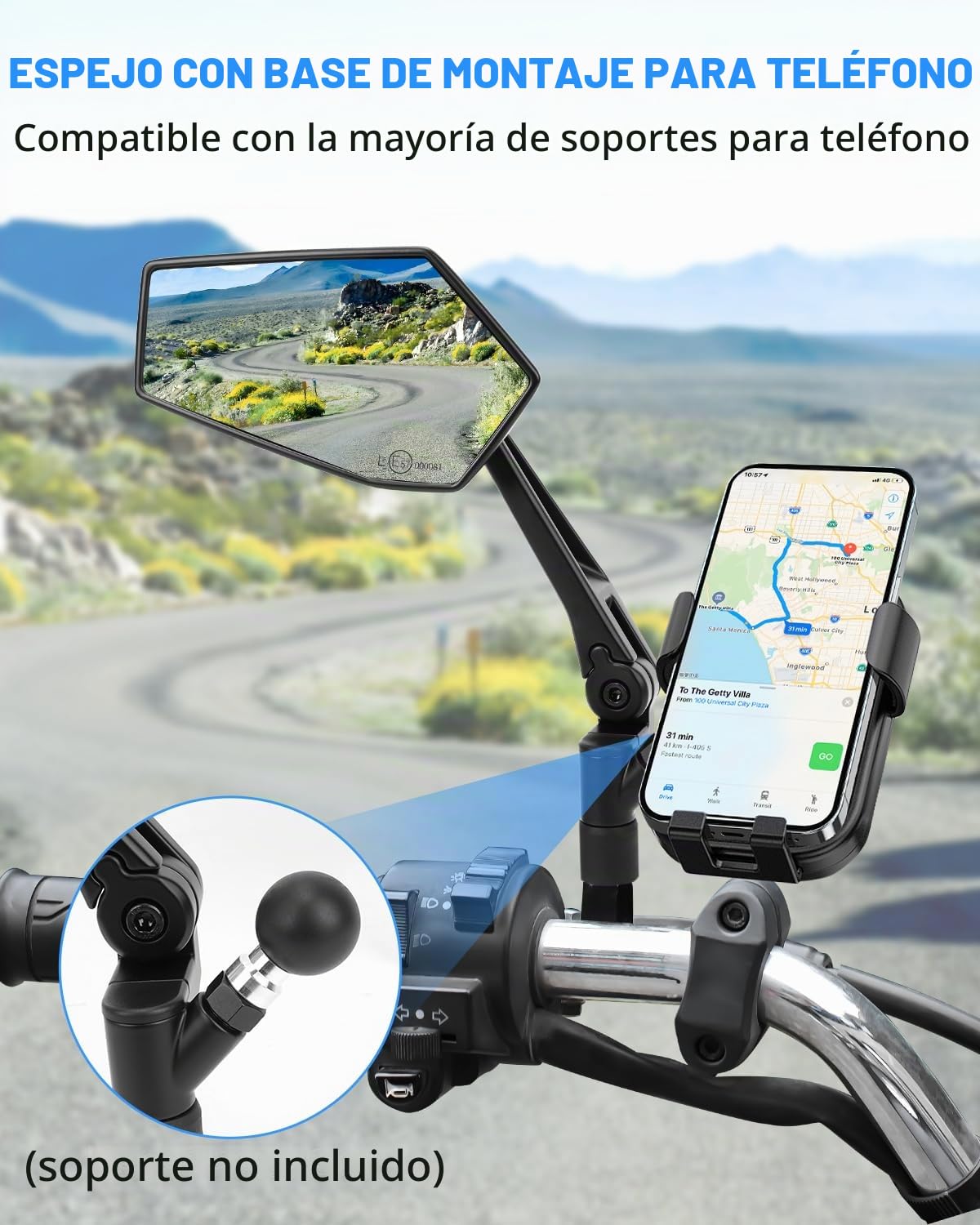 SUPAREE Espejo retrovisor plegable para motocicleta, apto para uso todoterreno, homologado para uso en carretera, con rotación de 360° y soporte de bola integrado de 1 pulgada para scooters y quads.
