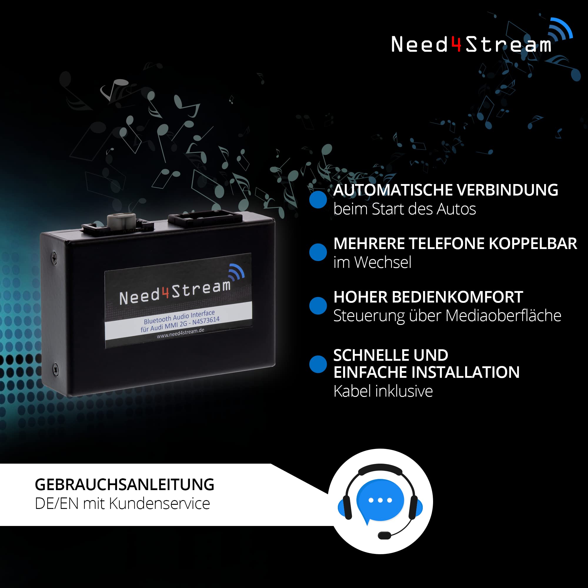 N4S73614 A2DP Bluetooth Audio Interface mit Titelanzeige für MMI 2G, kompatibel mit Audi A4 8K, A5 8T/8F, A6 4F, Q7 4L, A8 4E, kompatibel mit iPhone, Android und Streamingdiensten
