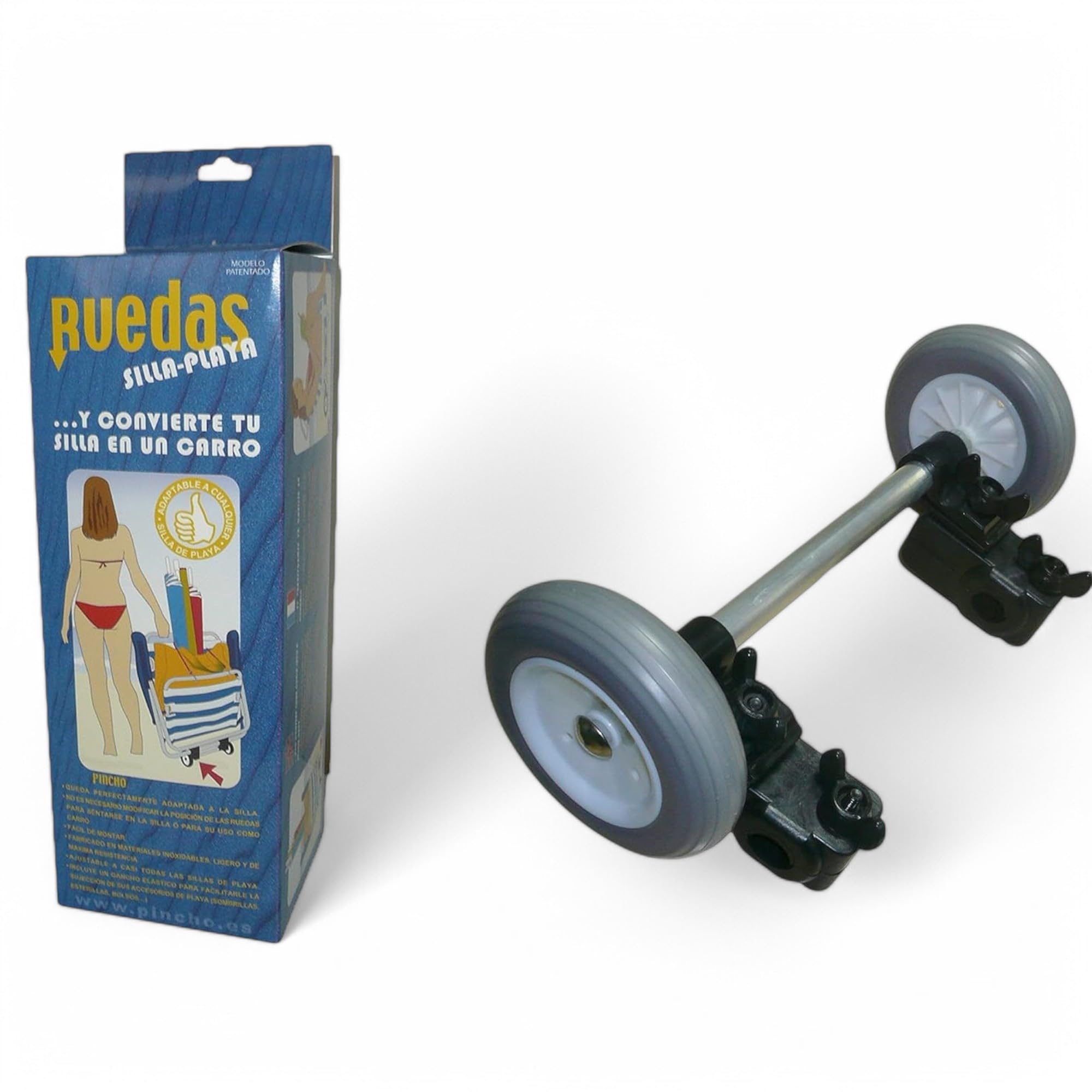 Pincho Ruedas para Silla de Playa - Convierte tu Silla en Carro de Transporte - Montaje Fácil - Rodamiento Suave en Arena - Compatible con la Mayoría de Sillas - Incluye Gancho para Accesorios