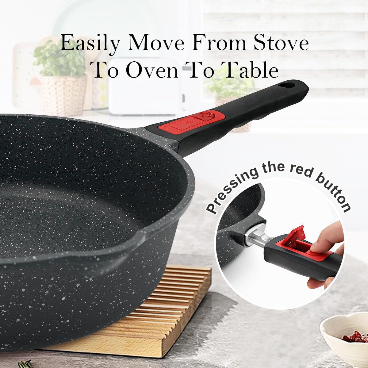 12-Inch Non Stick Frying Pan with Steamer, 5 QT Deep Saute Pan with Lid, Vegetable Steamer Cookware for Cooking, Detachable Handle, Compatible with All Stoves, Oven Safe, PFOA Free, Black