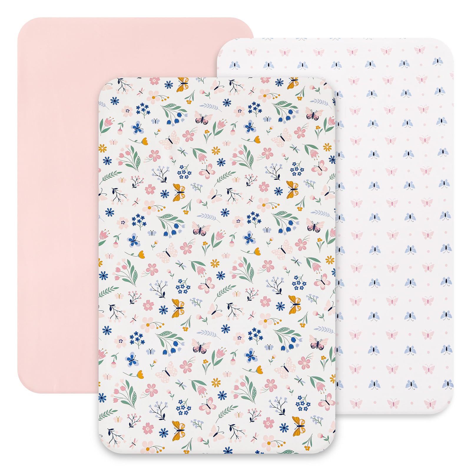 david's kids 3 Pack Mini Crib Sheets, Soft Breathable Premium Pack N Play Sheets for Baby Boys Girls Neutral, Playard and Mini Crib Mattresses, Floral & Butterfly