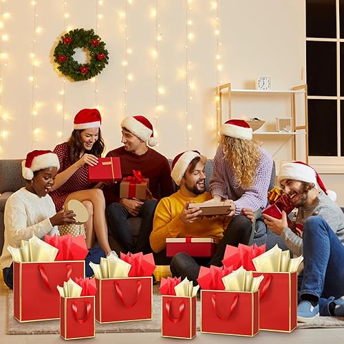 Miniatura 7 de Yeaqee 12 juegos de bolsas de regalo de papel metálico con asa de papel de seda que incluyen 8, 10 pulgadas, 13 pulgadas, bolsas de regalo de