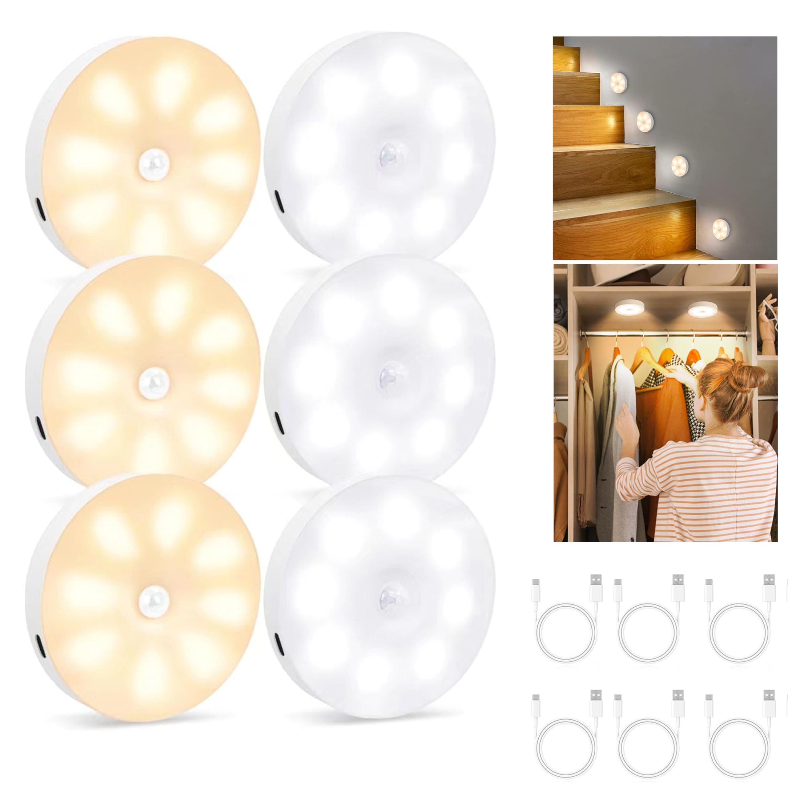 Kimuwote 6 Pcs Lampe Détecteur De Mouvement Intérieur - Veilleuse LED Rechargeable Pour Escalier, Couloir, Armoire Et Chambre Enfant