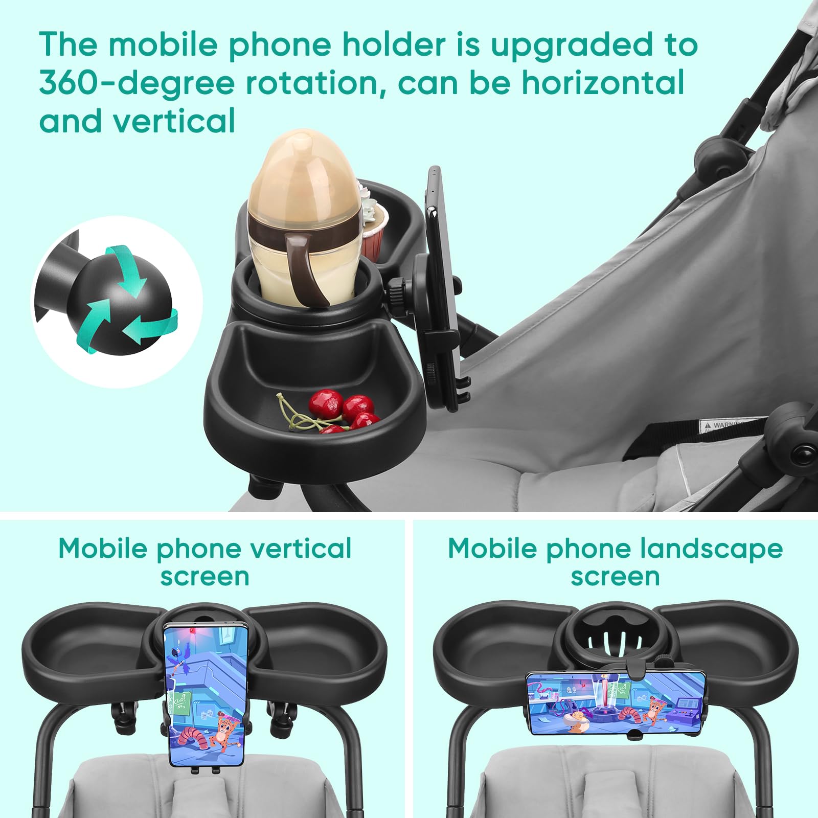 Bandeja para Cochecito de Bebé 4 en 1, Bandeja Universal para Cochecito con Portabocadillos y Soporte para Móvil | Accesorio Removable con Rotación 360° para Cochecitos con Reposabrazos