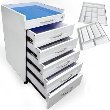 Dental Assistants Mobile Cabinet with 5 Drawers, 2 Divider Trays, Stainless Steel Storage Cart for Dental Clinics - White