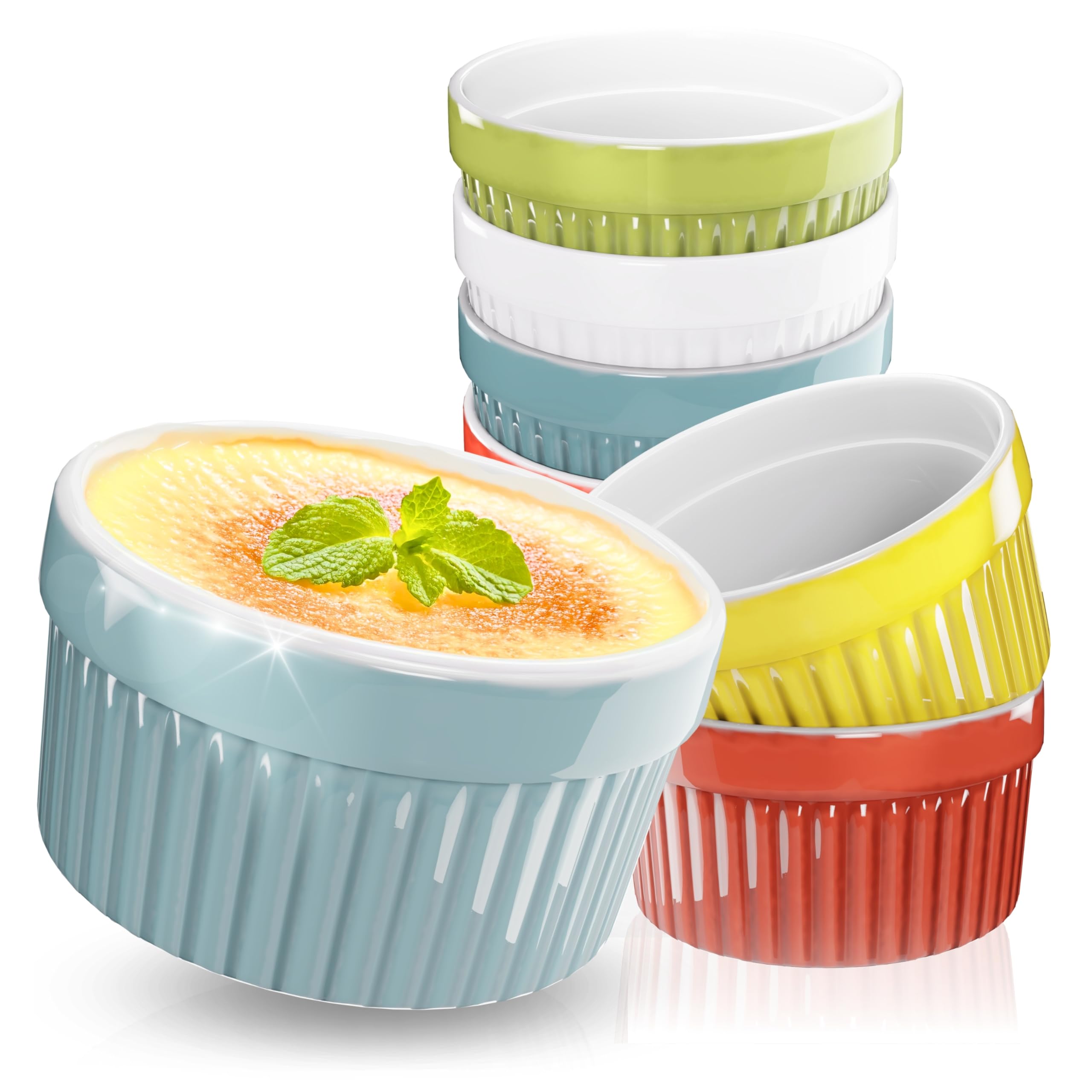 ToCi Lot de 10 moules à soufflé en céramique multicolores résistants au four, 9 cm de diamètre, capacité de 185 ml chacun, bols à crème brûlée, passe au lave-vaisselle et au micro-ondes
