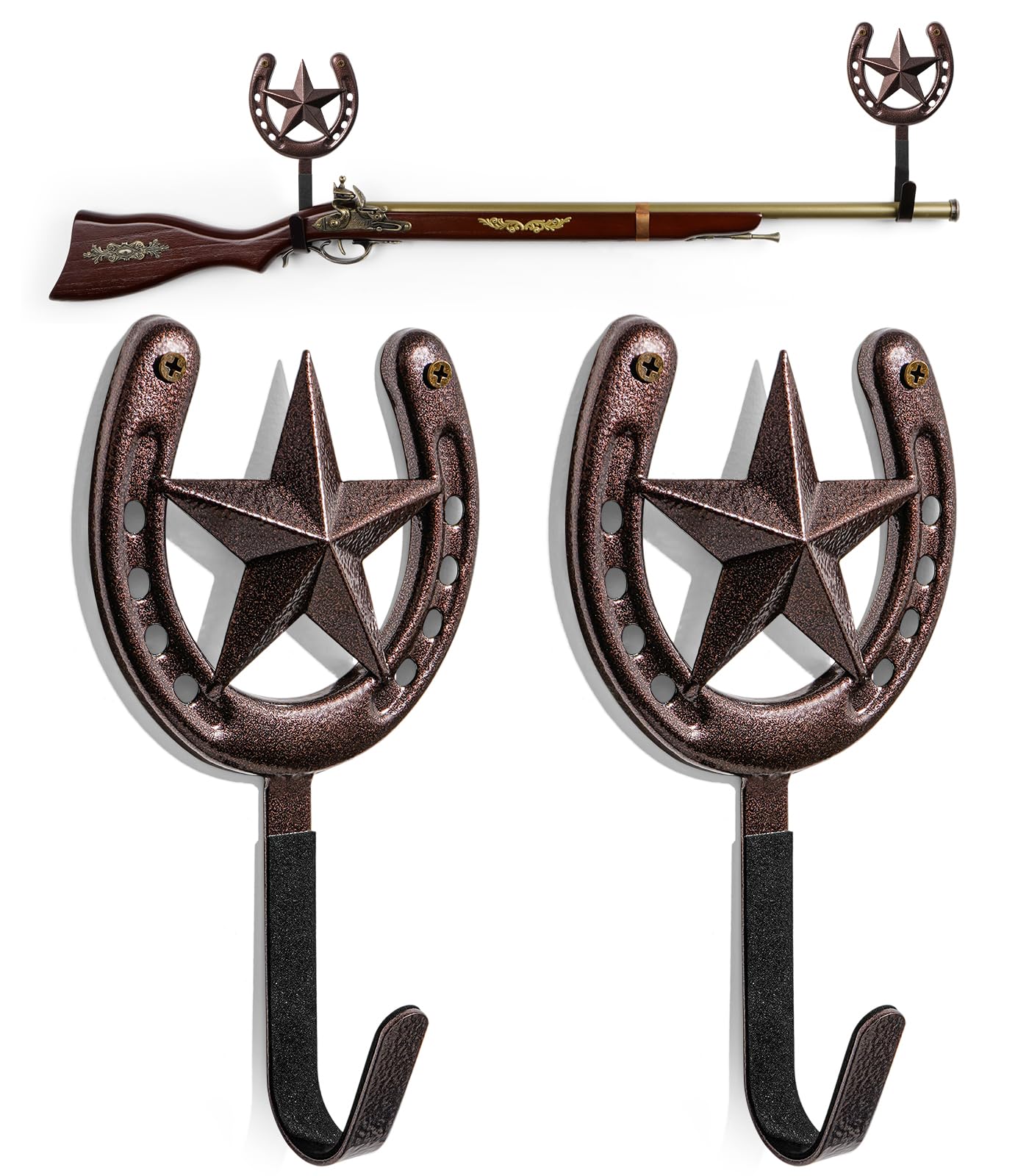 Adowes Gun Rack for Wall Western Shotgun Rifle Rack Wall Mount Metal Wall Gun Hanger Holder Display for Sword Bow Firearm Texas Star and Horseshoe