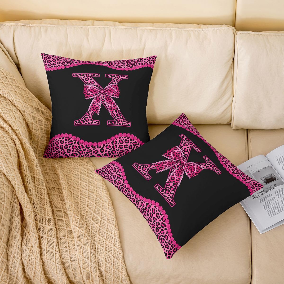 Loussiesd Juego de 4 fundas de cojín cuadradas con diseño de lazo de guepardo de 50 x 50 cm, fundas de cojín cuadradas con inicial en X, funda de cojín para sofá, decoración de dormitorio