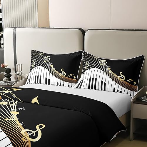 Miniatura 4 de Juego de funda de edredón de 100 % algodón, tamaño matrimonial, teclas de piano y teclado, funda de edredón clásica con melodía de música para