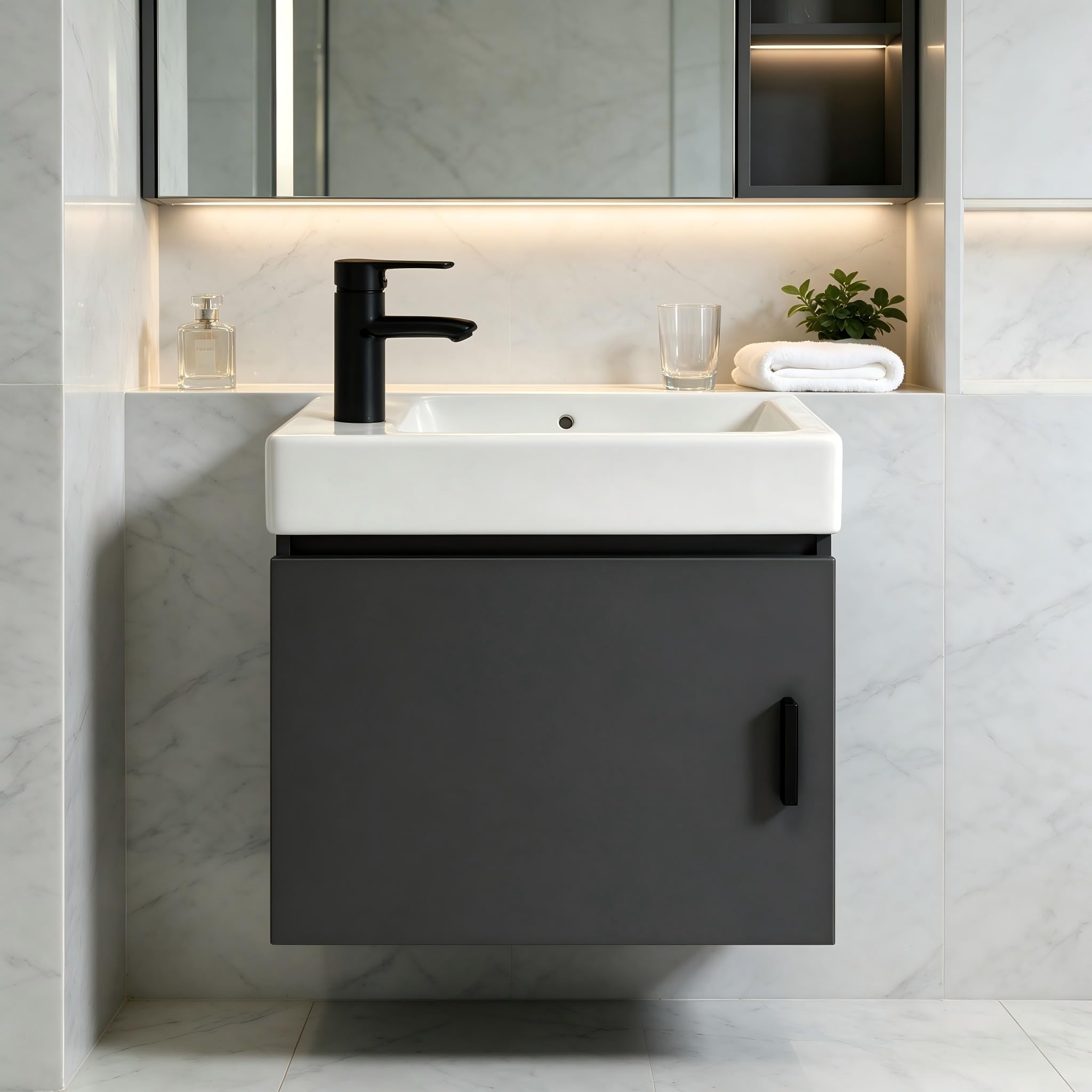 Combo de lavabo de baño de montaje en pared, gabinete de baño flotante de 16.9 pulgadas con lavabo de cerámica integrado, moderno juego de tocador de una sola puerta con grifo negro mate y accesorios