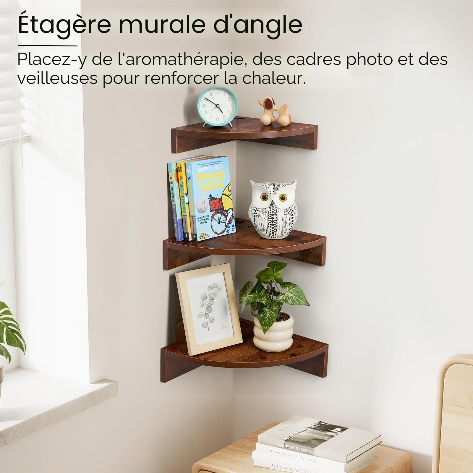Lot de 3 étagères d'angle suspendues en bois rustique flottant avec trou pour fil de fer - Style vintage maison de campagne - Pour chambre à coucher, salon - Marron