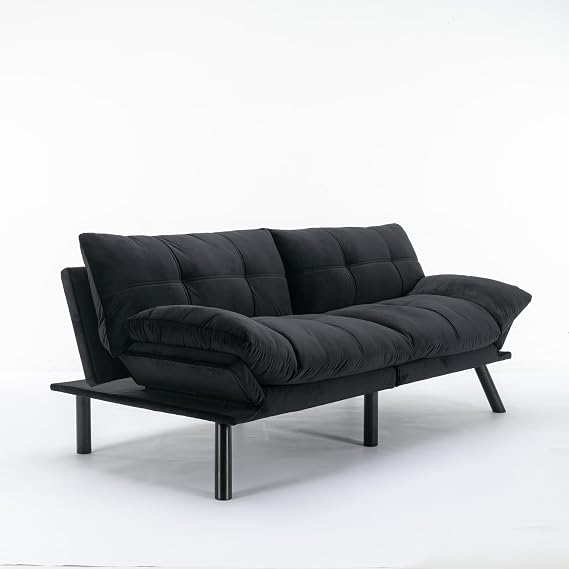 Black Convertible Folding Sofa Bed, Modern Futon Loveseat Sofa with Adjustable Armrest, 2 Seater Sofa Couches, Comfy Couch for Living Room, Apartment
