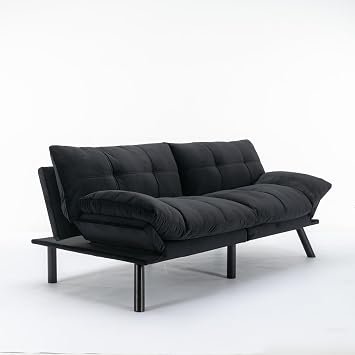 Black Convertible Folding Sofa Bed, Modern Futon Loveseat Sofa with Adjustable Armrest, 2 Seater Sofa Couches, Comfy Couch for Living Room, Apartment