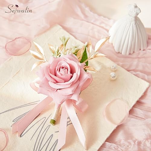 Miniatura 7 de Serwalin Juego de ramillete y boutonniere rosa, ramillete de graduación y boutonniere, juego de flores de boda, accesorios de fiesta de bienvenida,