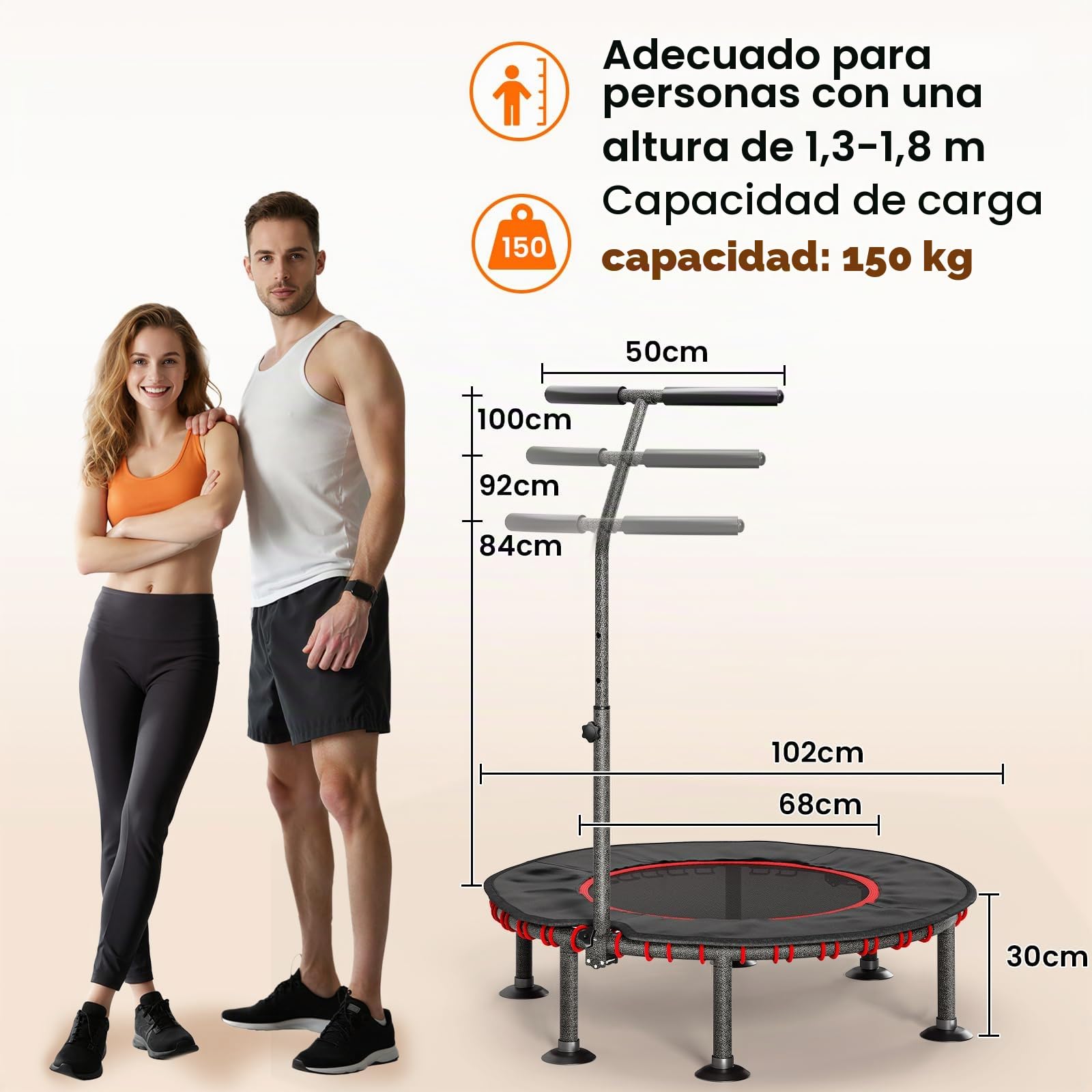 LIFERUN Trampolín de Fitness para Interior | Cubierta Protectora Acolchada | hasta 150 kg de Capacidad Carga | 3 Alturas Asa Ajustables | Sin Instalación | Niños Adultos | Mini Ø102 cm | Hogar