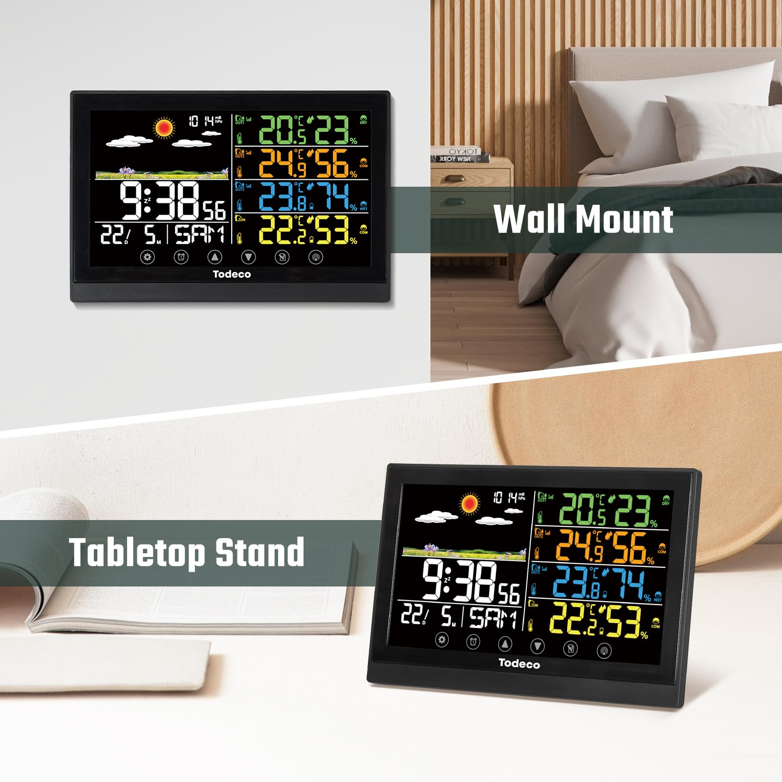 Todeco Wetterstation Funk mit 3 Außensensoren, Farbdisplay, DCF Funkuhr | Wettervorhersage, Barometer, Temperatur & Luftfeuchtigkeit, 100 m Funkreichweite, Wand- & Tischmontage