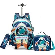 Kids Rolling Backpack for Boys Space Shuttle Trolley Suitcases Luggage with Wheels Bookbag Wheeled 3pcs Preschool Students Elementary Teenagers Lunch Box Pencil Case Blue for Age 5-10