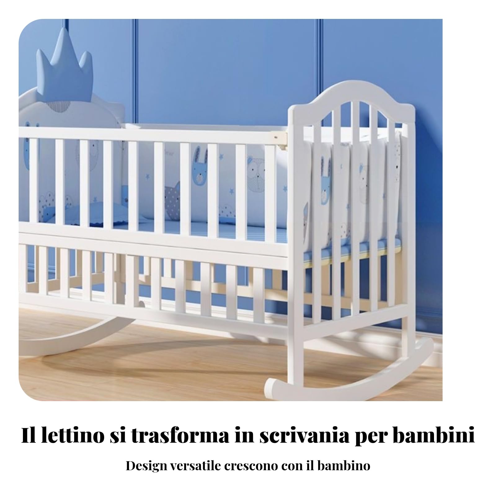 Culla Neonato Culla Letto Culla a Dondolo Lettino Bambini Legno con Struttura Stabile a Base Curva Scorrimento Materasso Coordinato Canopy Rete Ruote