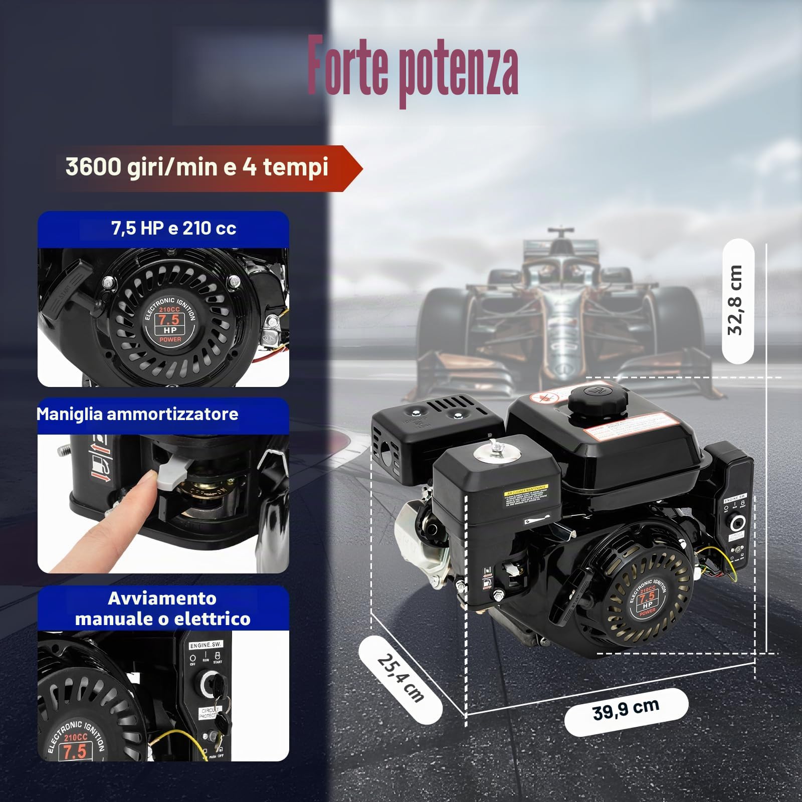 Motore a benzina a 4 tempi 7,5 CV con avviamento elettrico e trazione