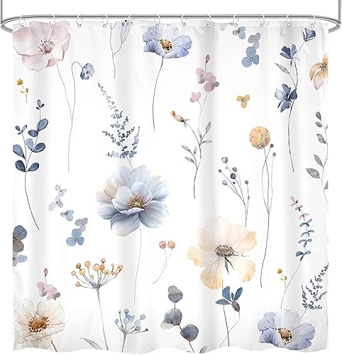 Miniatura 7 de Omifly Cortina de ducha con diseño floral de acuarela, cortinas de ducha de primavera con flores azules y beige para baño, juego de cortina de ducha