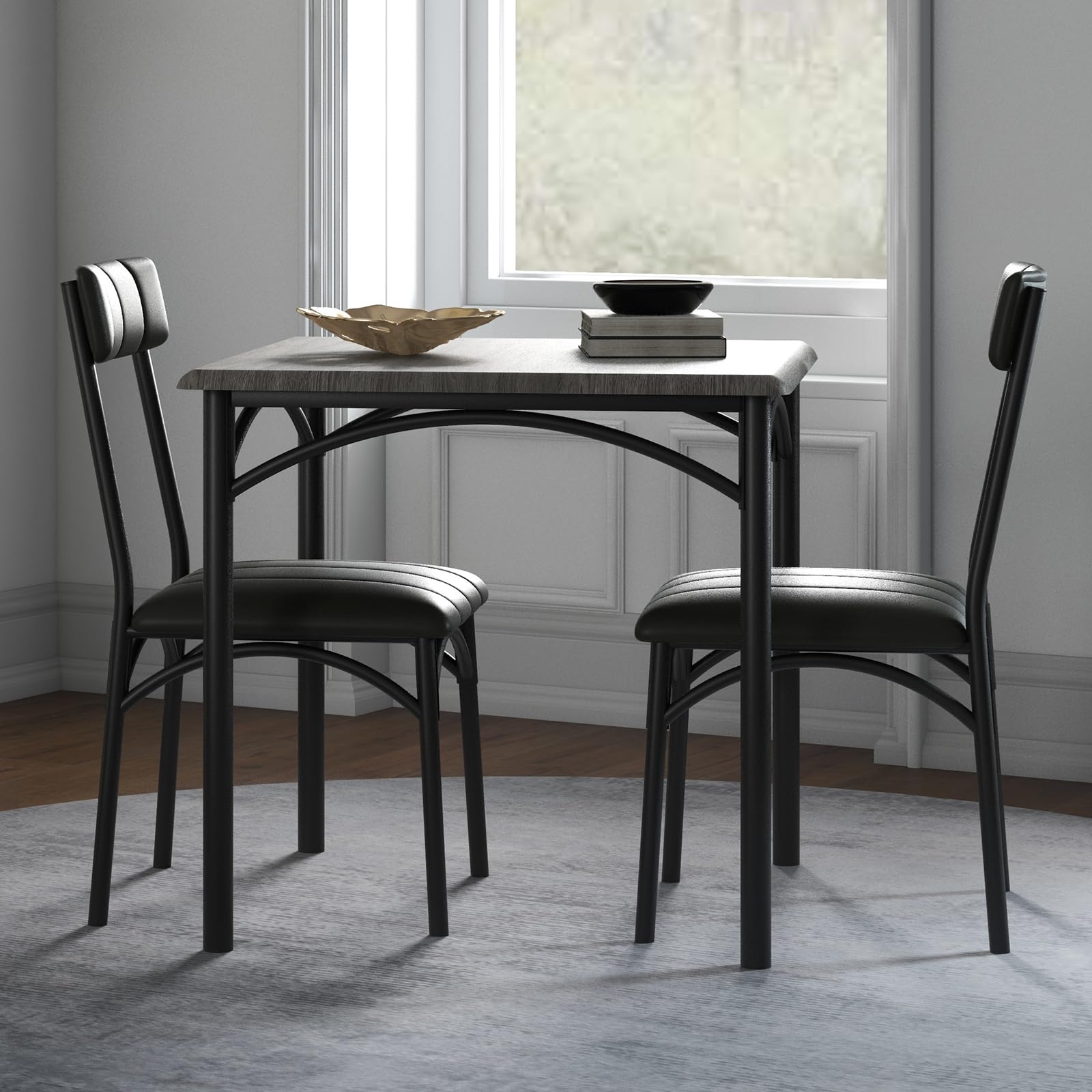 Esszimmertisch-Set 1 Tisch 2 Stühle, Küchentisch mit gepolsterten Stühlen, kompaktes Esstisch-Set aus Holz und Eisengestell, platzsparend, pflegeleicht, einfache Montage, Zementgrau