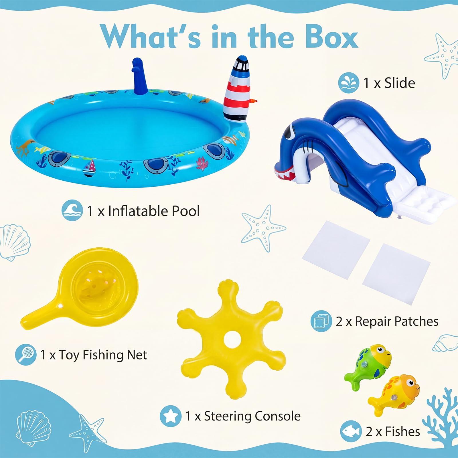 HOMASIS Piscina Gonfiabile per Bambini 2-6 Anni, Piscinetta con Scivolo Sicuro, Spruzzo a Faro e Giocattoli, Parco di Giochi in Vinile, Gonfiaggio Facile, per Cortile e Giardino, 188 x 153 x 63 cm