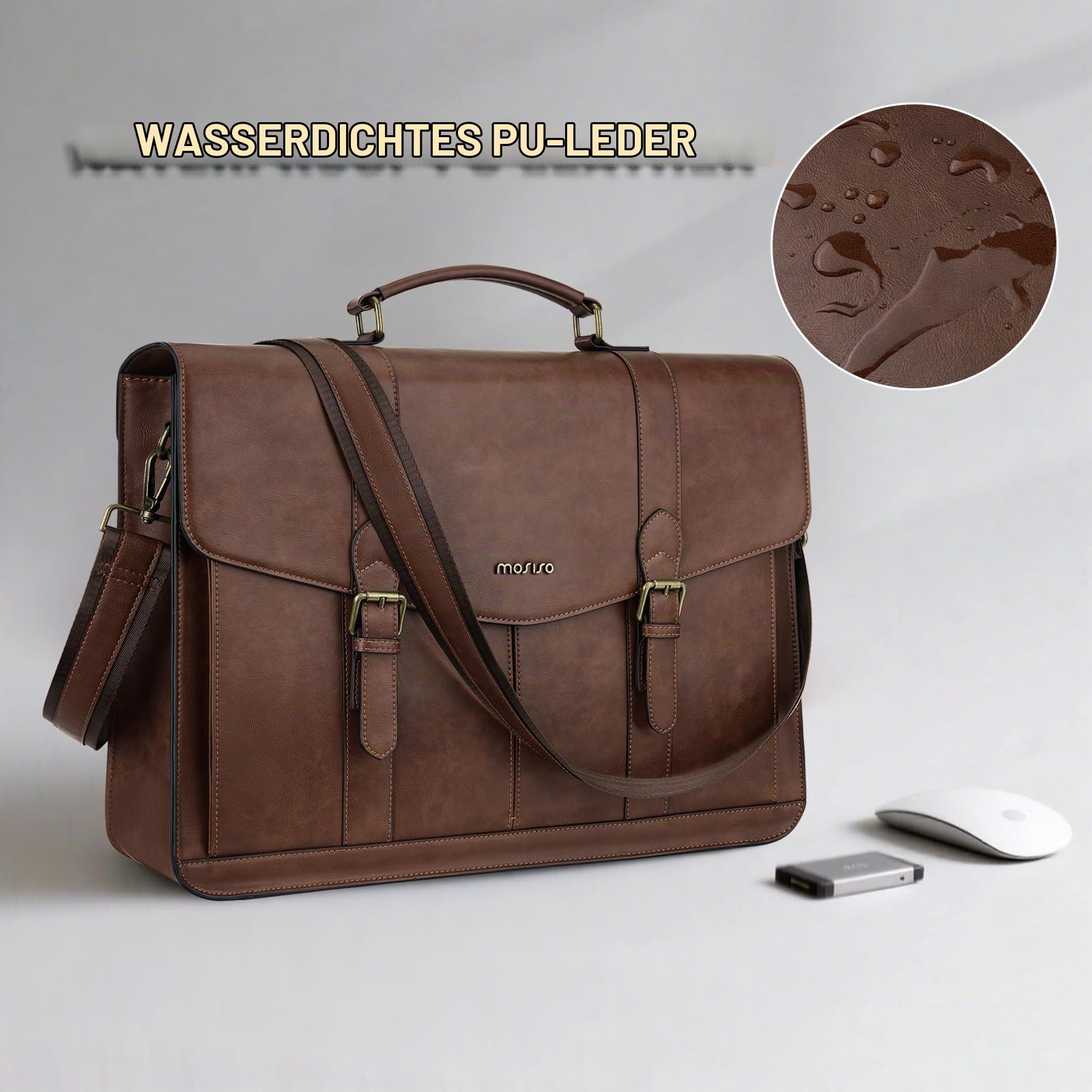 MOSISO Laptoptasche Herren, 15,6 Zoll PU Leder Aktentasche Arbeitstasche