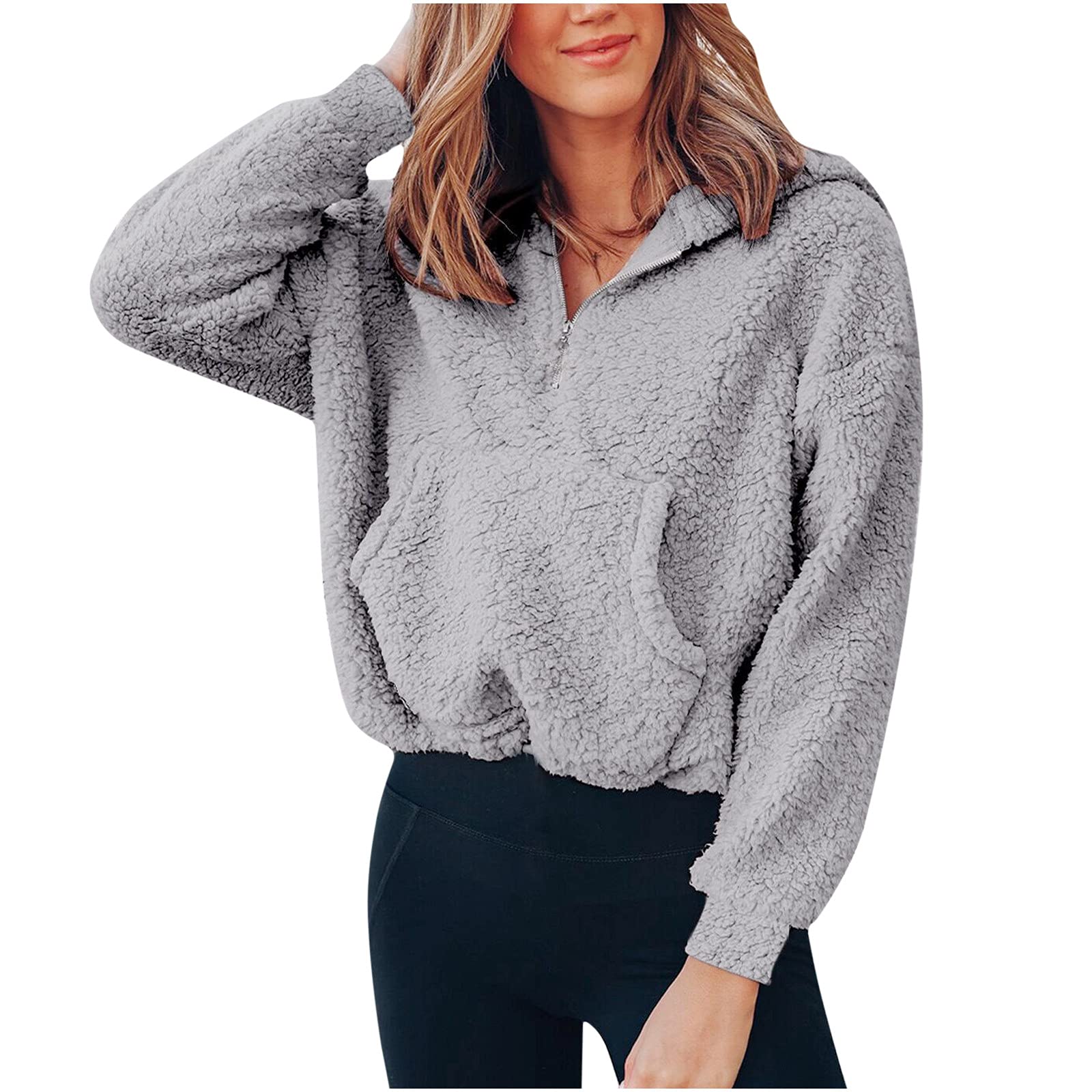 Zip up Hoodie Women Lightweight Plush Solid Color Sweatshirt Long Sleeve  Cropped Top Fleece Big Pocke Jumper
