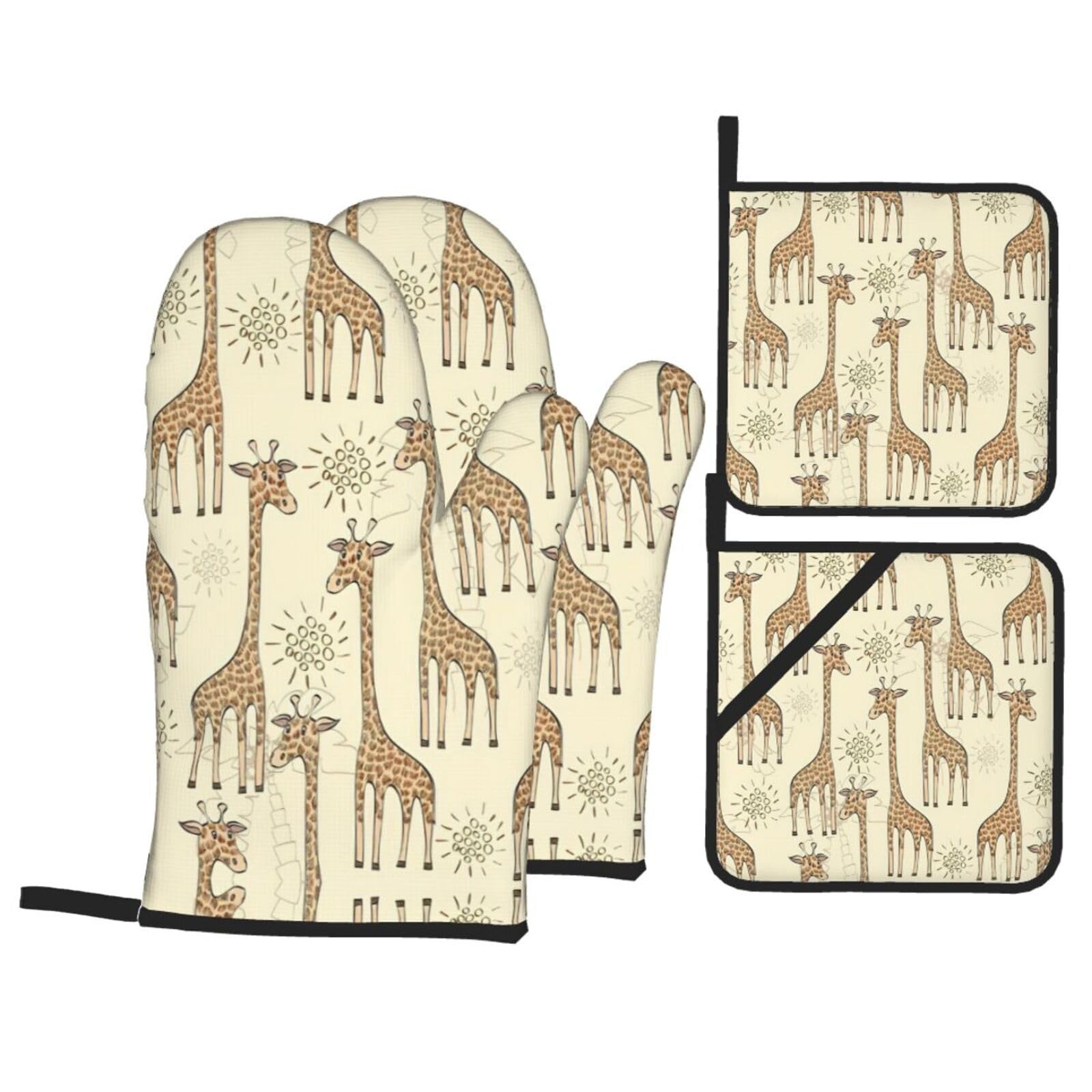 Hand Drawn Giraffes Print Oven Microwaving Waterproof Kitchen Gloves for Baking Grilling Holiday Cooking