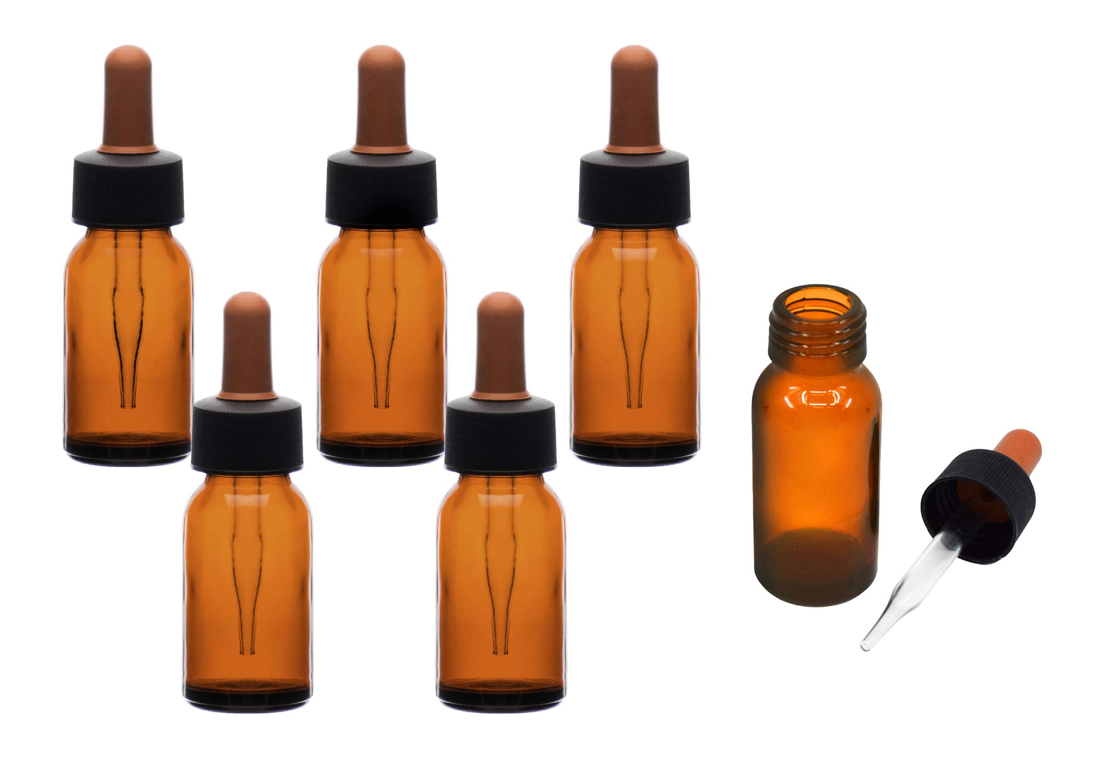 EISCO 6PK Dropping Bottles, 30ml (1oz) - Amber Soda Glass - Screw Cap with Glass Dropper & Rubber Bulb Labs