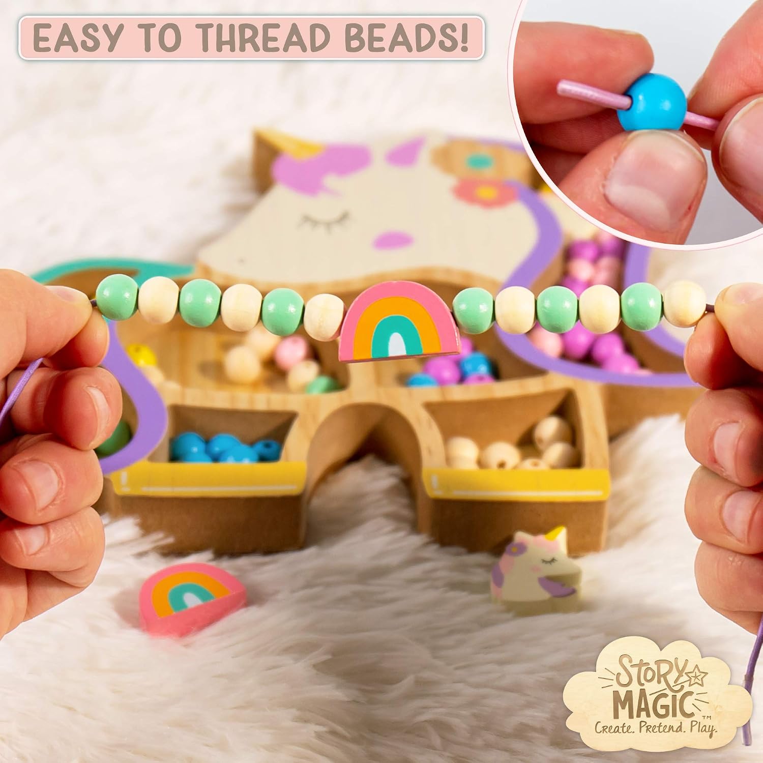 Story Magic Unicorn Bead Set by Horizon Group USA, Create Your Own Magical Beaded Jewelry, Includes Over 100 Natural Wooden Beads Large Hole, 5 Pre-Cut Elastic Cords with Shoelace Ends, Storage Case image 3