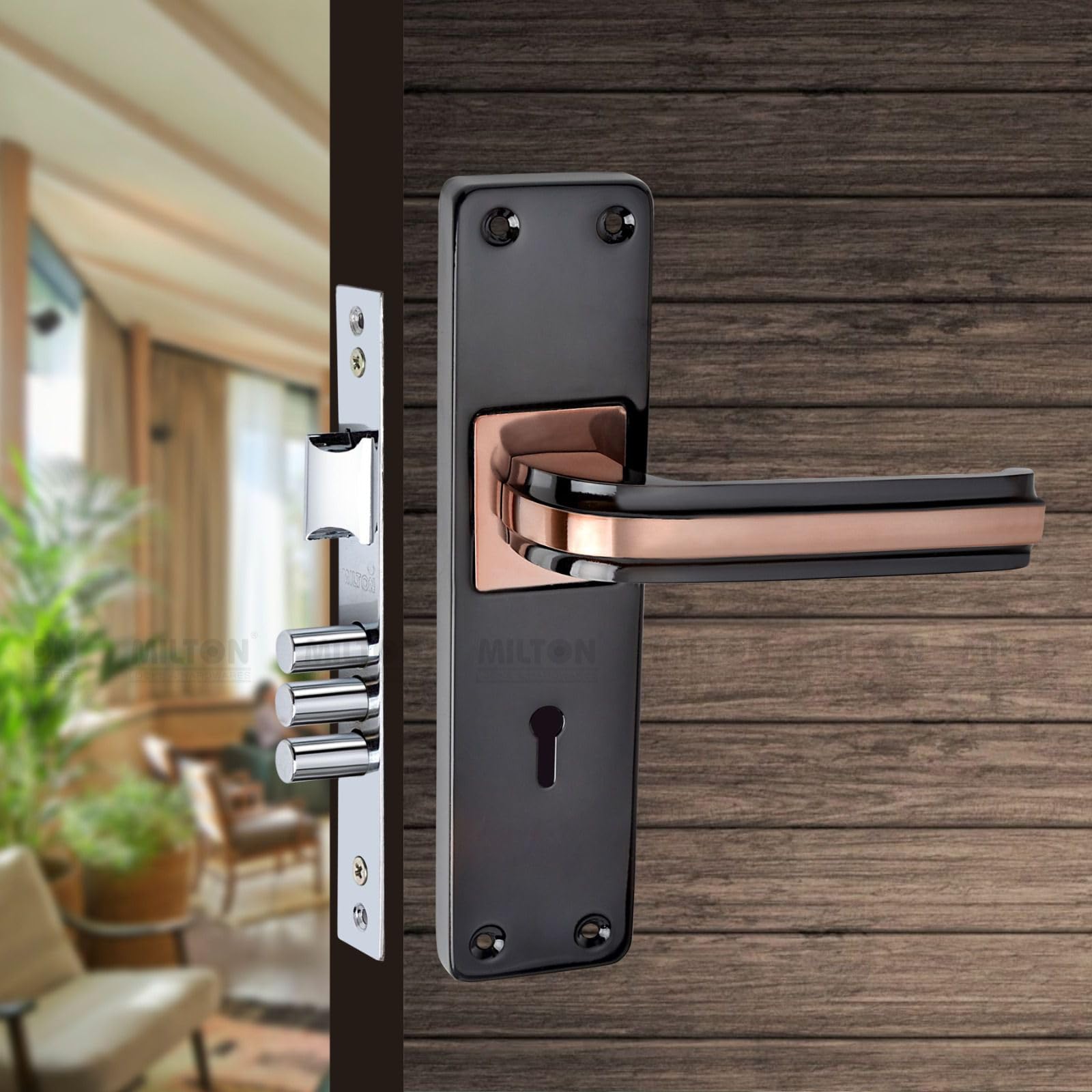 Milton Iron Mortise Lock Set with Rose Gold Copper Handle, Black