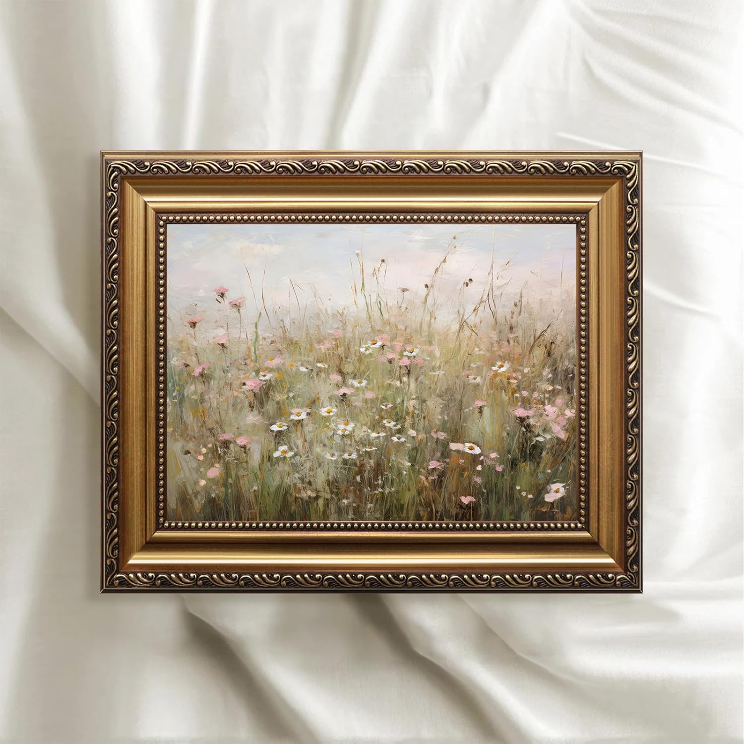 ASTRDECOR Vintage Gold Framed Canvas Wall Art, Farmhouse Wall Decor Wildflower Field Landscape Oil Painting, Neutral Pink Spring Scenery Pictures Wall Decor, Vintage Artwork for Wall - 12"x16"