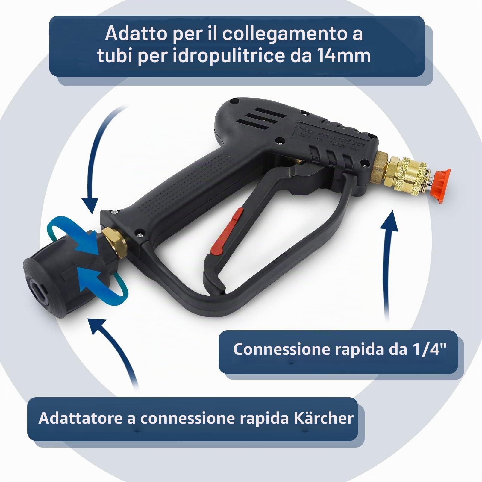 Pistola a Rondella ad Alta Pressione, 4000 PSI, Connessione M22 (14mm) o Attacco Adattatore Rapido per Karcher, con 5 Ugelli per Lavaggio Auto per Pulizia Auto