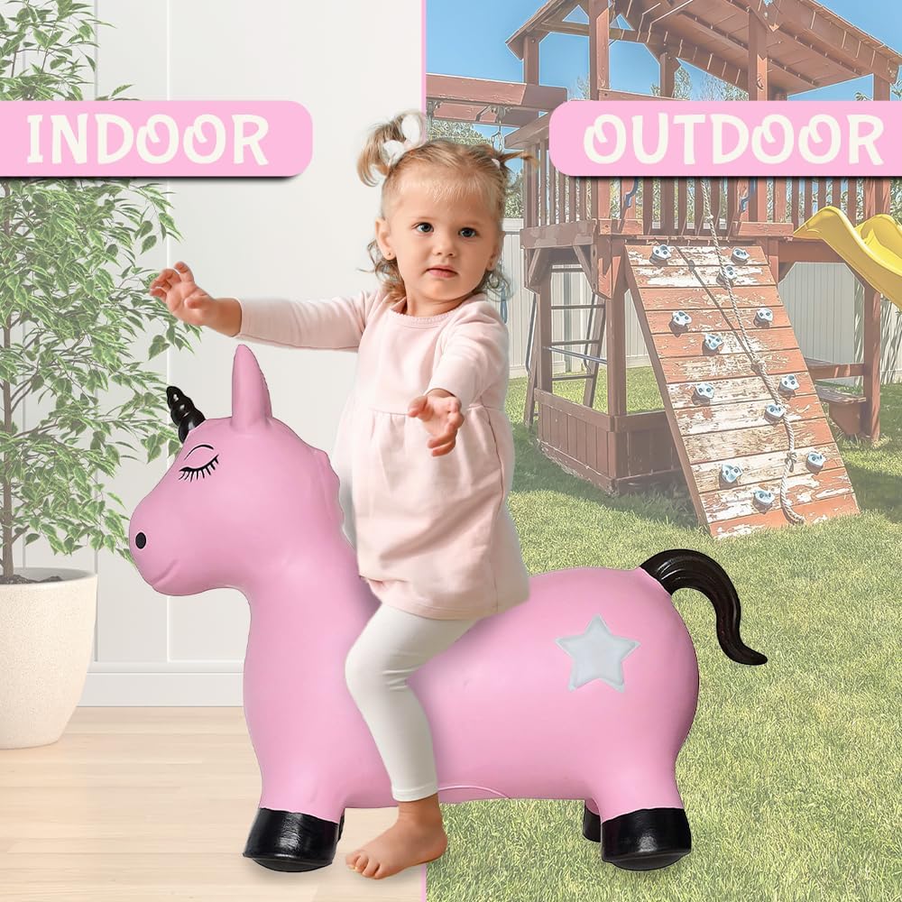 Pink Unicorn Bounce & Ride-on Inflatable Hopper Toddler Toy with Pump