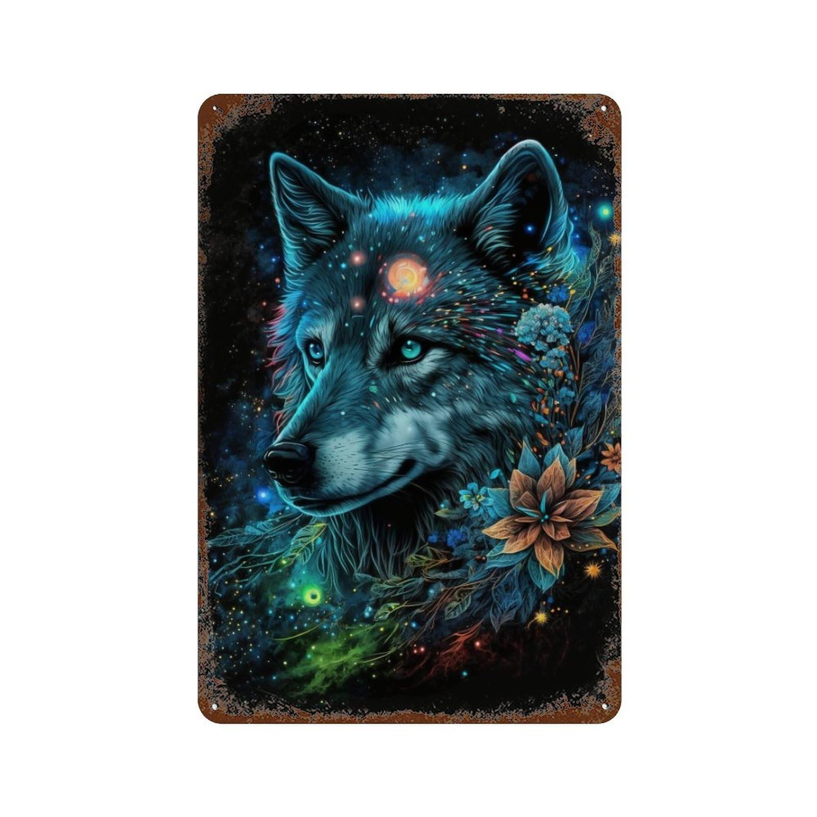 Rust Effect Wolf Spirit Art Print-1 Distressed Metal Wall Sign 11.8"x7.9", Shabby Chic Decor for Pub, Kitchen And Man Cave Decor